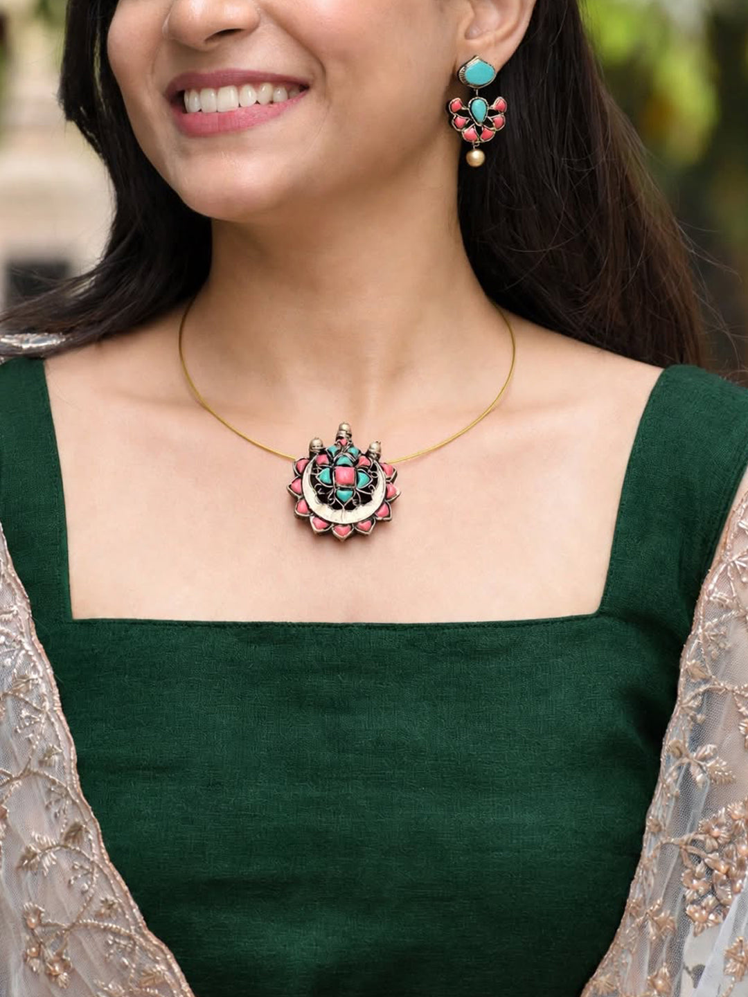 Bhavya — Minimal Gold Cord Red Green Floral Pendant Necklace Handmade Jewellery