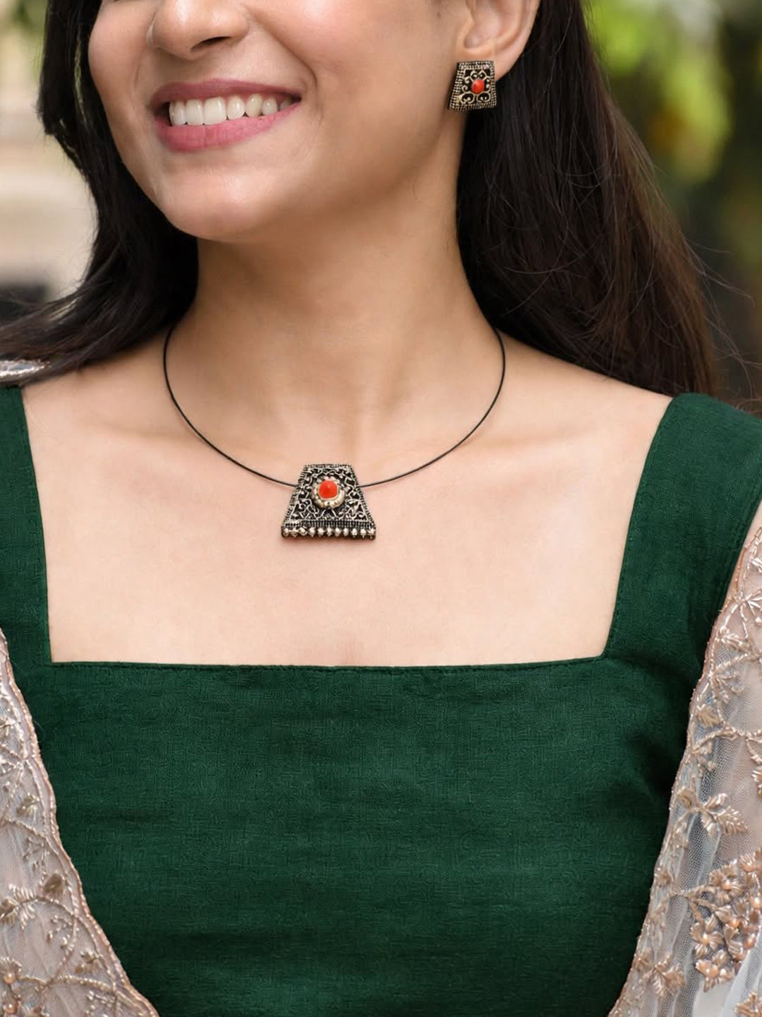 Sarayu — Antique Gold Square Red Stone Stud Earrings Handmade Jewellery