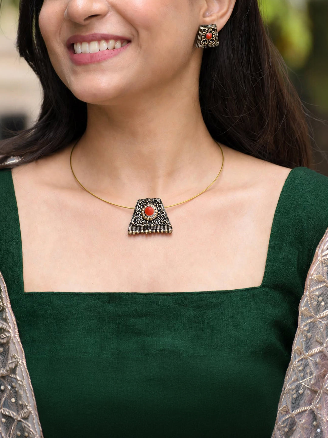 Ojasvi — Minimal Gold Cord Square Red Stone Pendant Necklace Handmade Jewellery