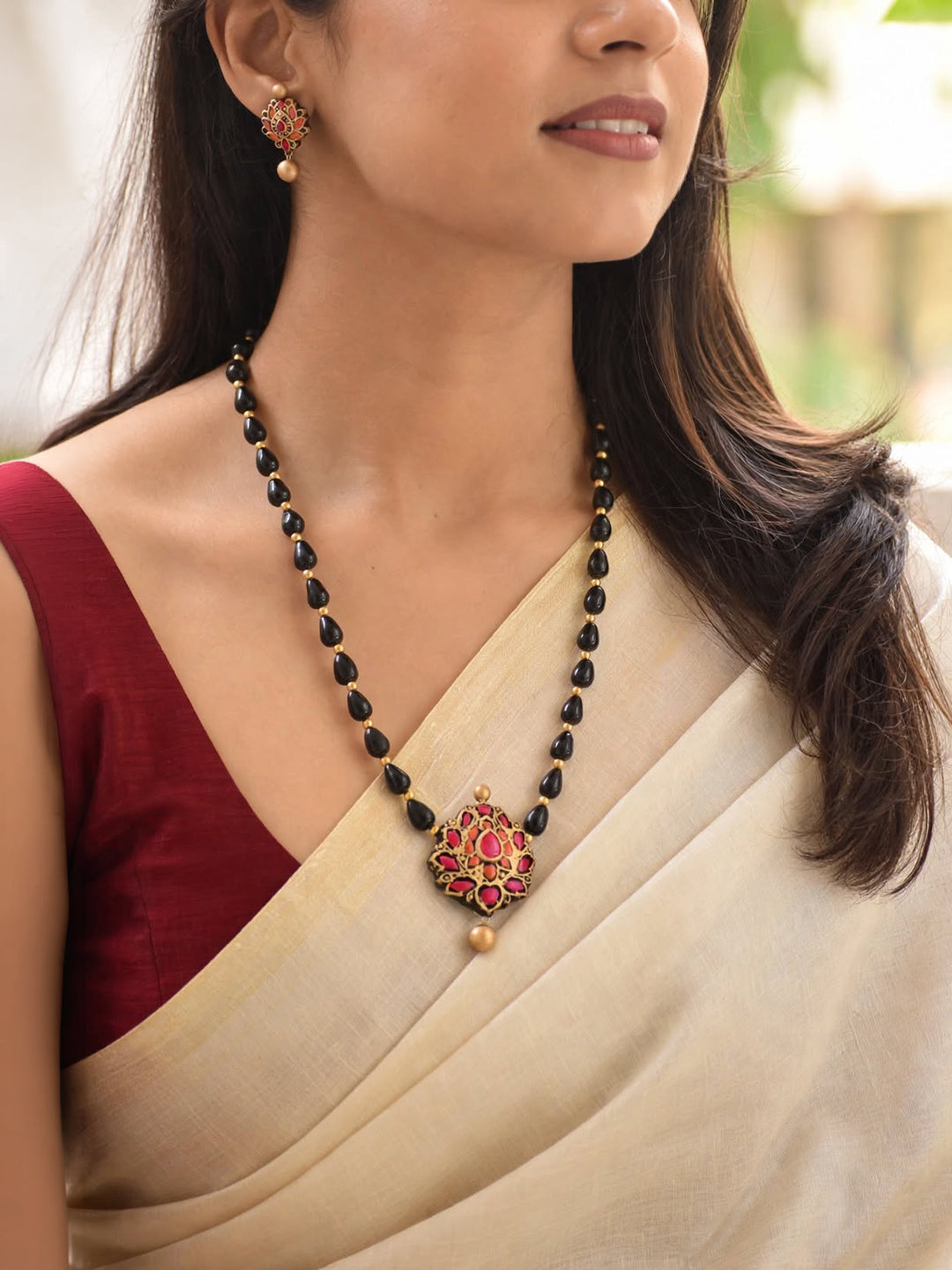 Suhasini — Black Beaded Antique Gold Pink Floral Pendant Necklace Handmade Jewellery