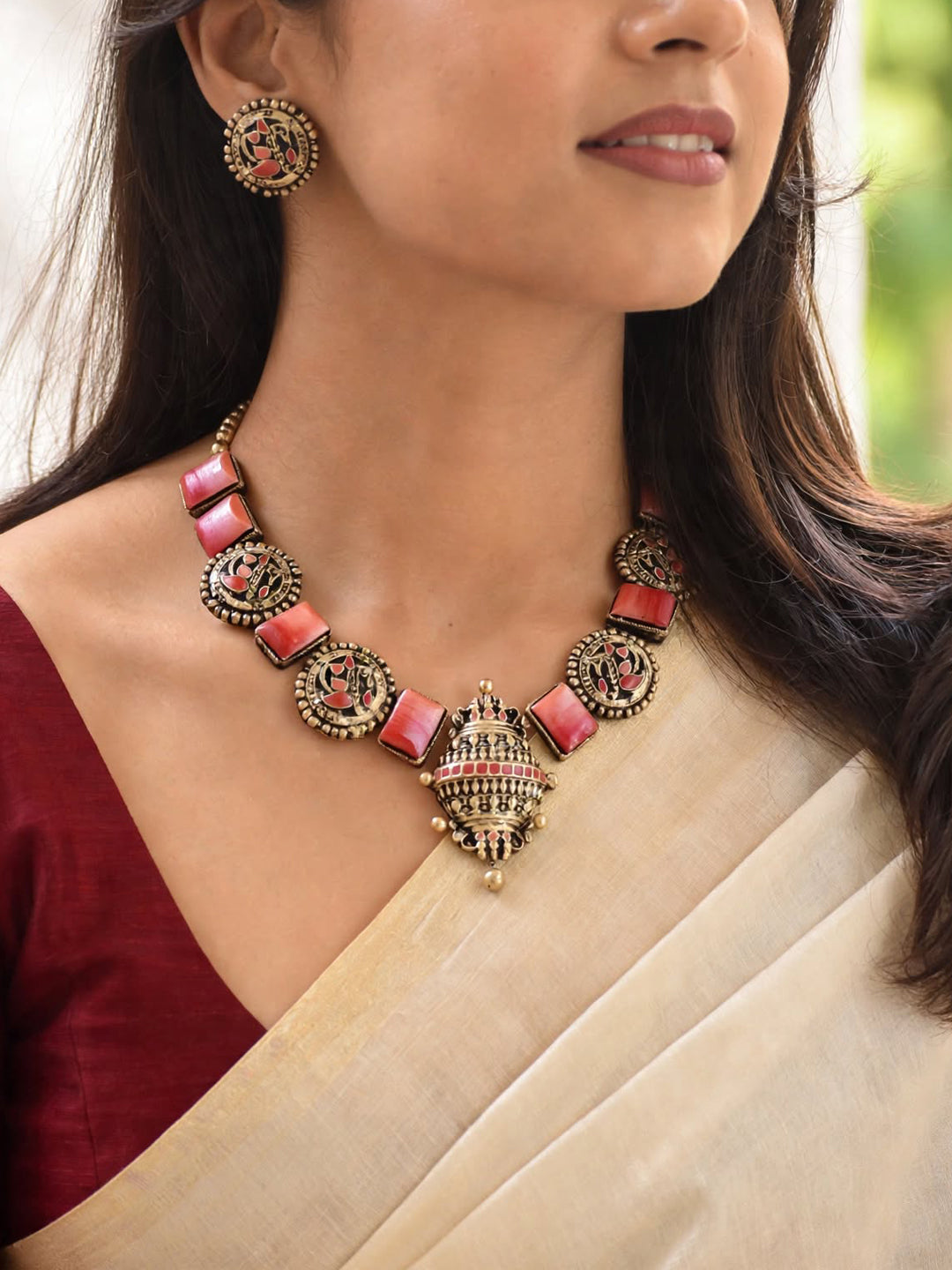 Avani — Antique Gold Coral Bead Temple Pendant Necklace Handmade Jewellery