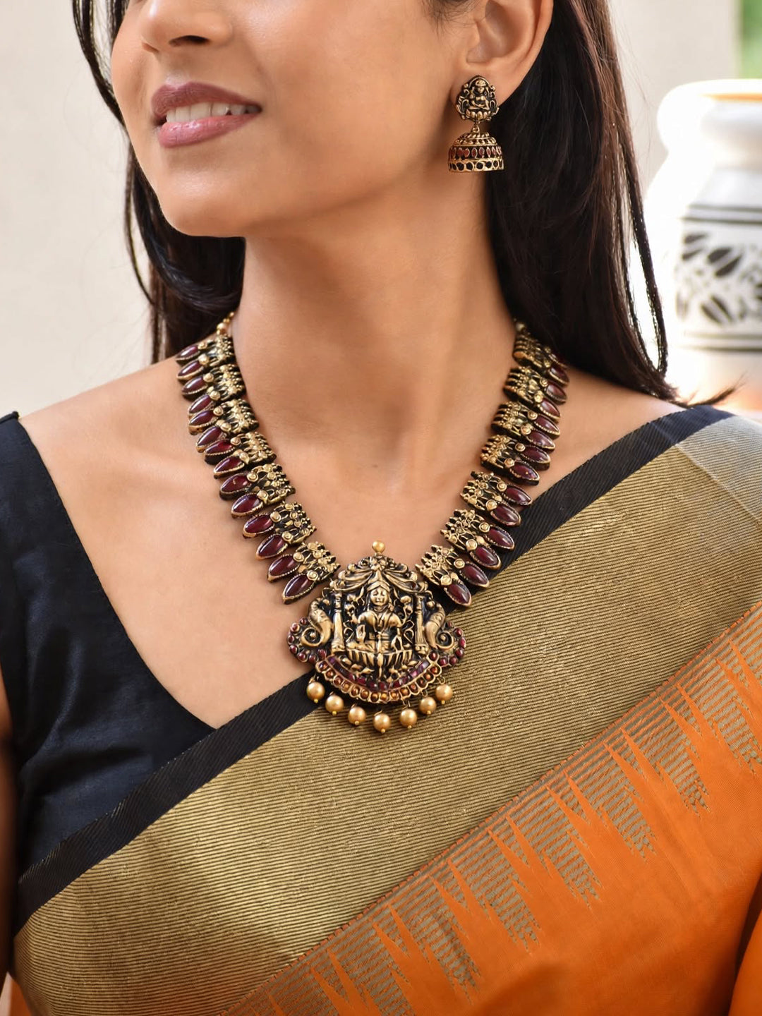 Pavitra — Antique Gold Textured Bead Necklace with Large Centre Pendant Handmade Jewellery