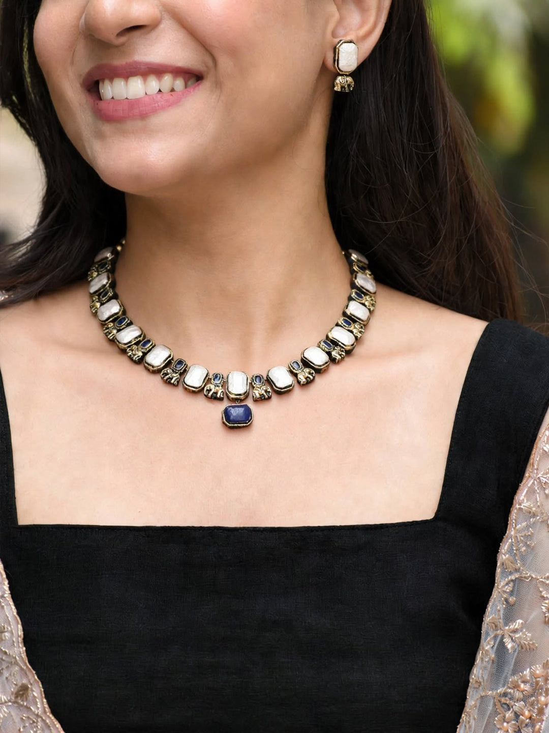 Ahalya — Silver Tone Square Bead Necklace with Blue Stone Drop Handmade Jewellery