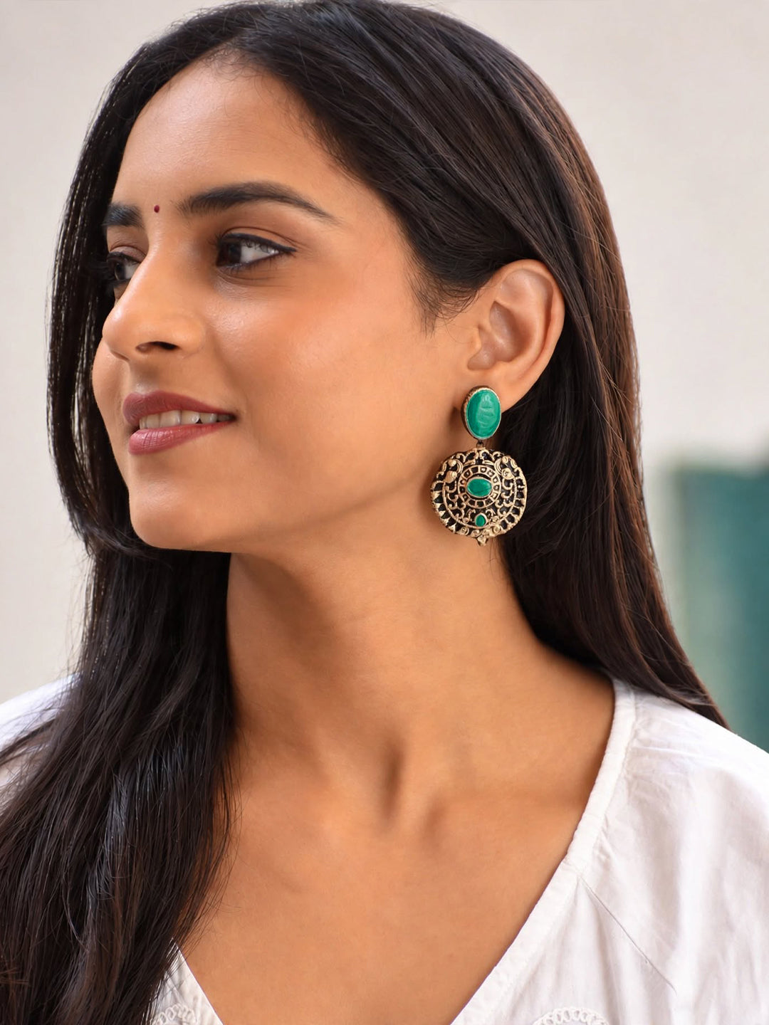 Roshni — Turquoise Stone Antique Gold Filigree Round Earrings Handmade Jewellery