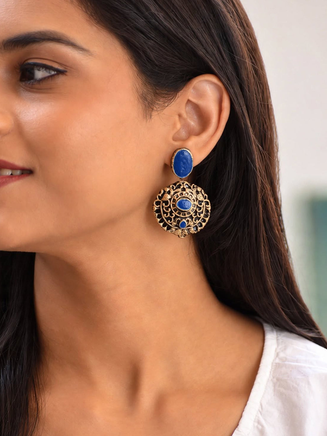 Janaki — Royal Blue Stone Antique Gold Filigree Earrings Handmade Jewellery
