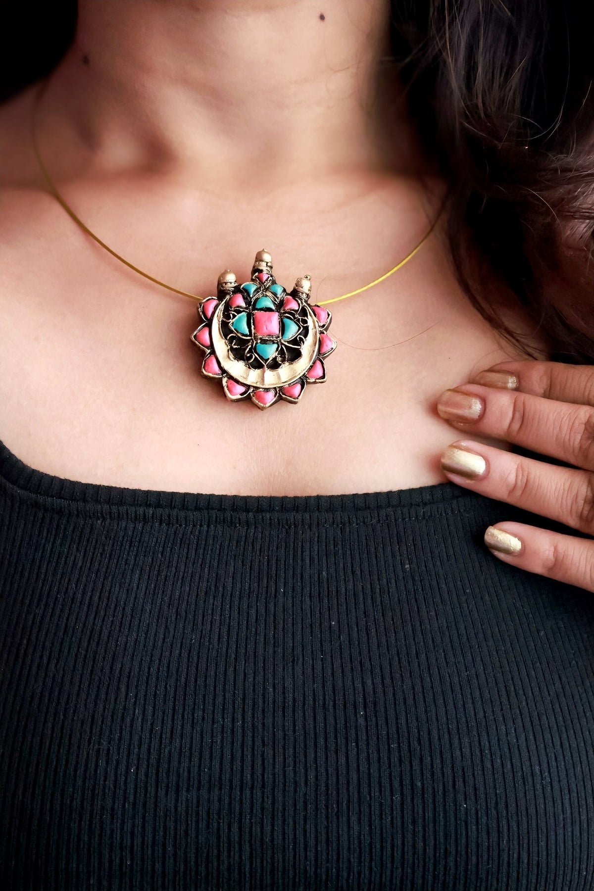 Bhavya — Minimal Gold Cord Red Green Floral Pendant Necklace Handmade Jewellery