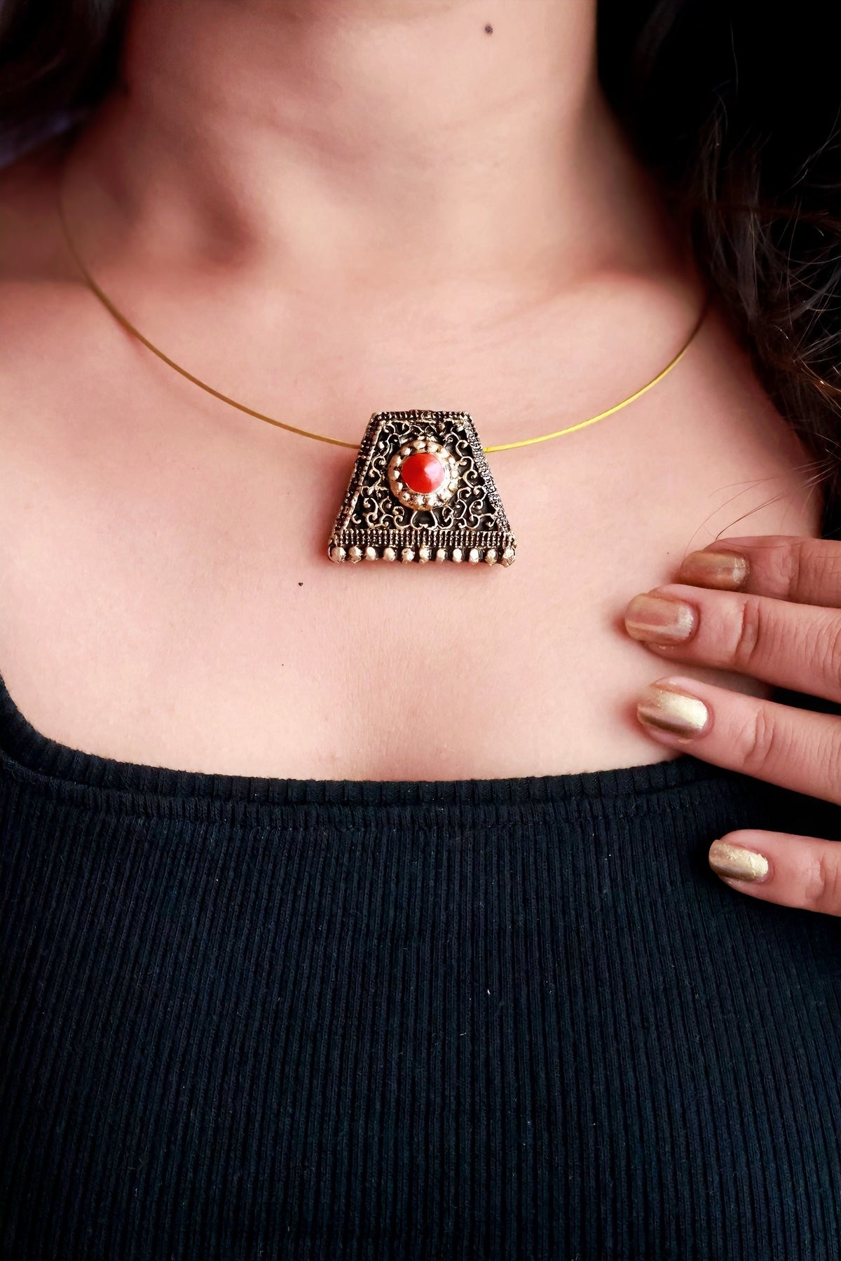 Ojasvi — Minimal Gold Cord Square Red Stone Pendant Necklace Handmade Jewellery
