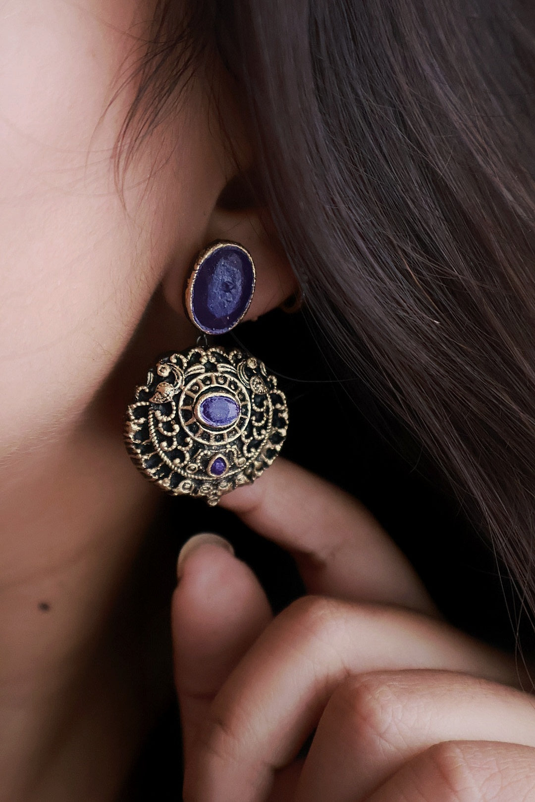 Pallavi — Purple Stone Antique Gold Filigree Round Earrings Handmade Jewellery