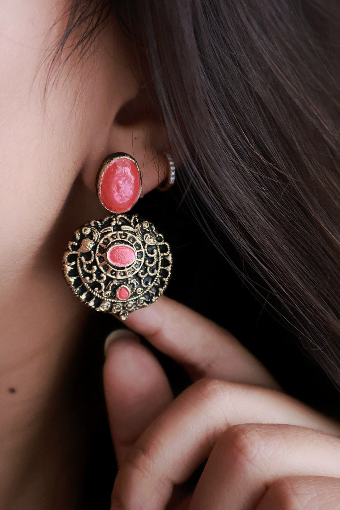 Kritika — Coral Pink Stone Antique Gold Round Drop Earrings Handmade Jewellery