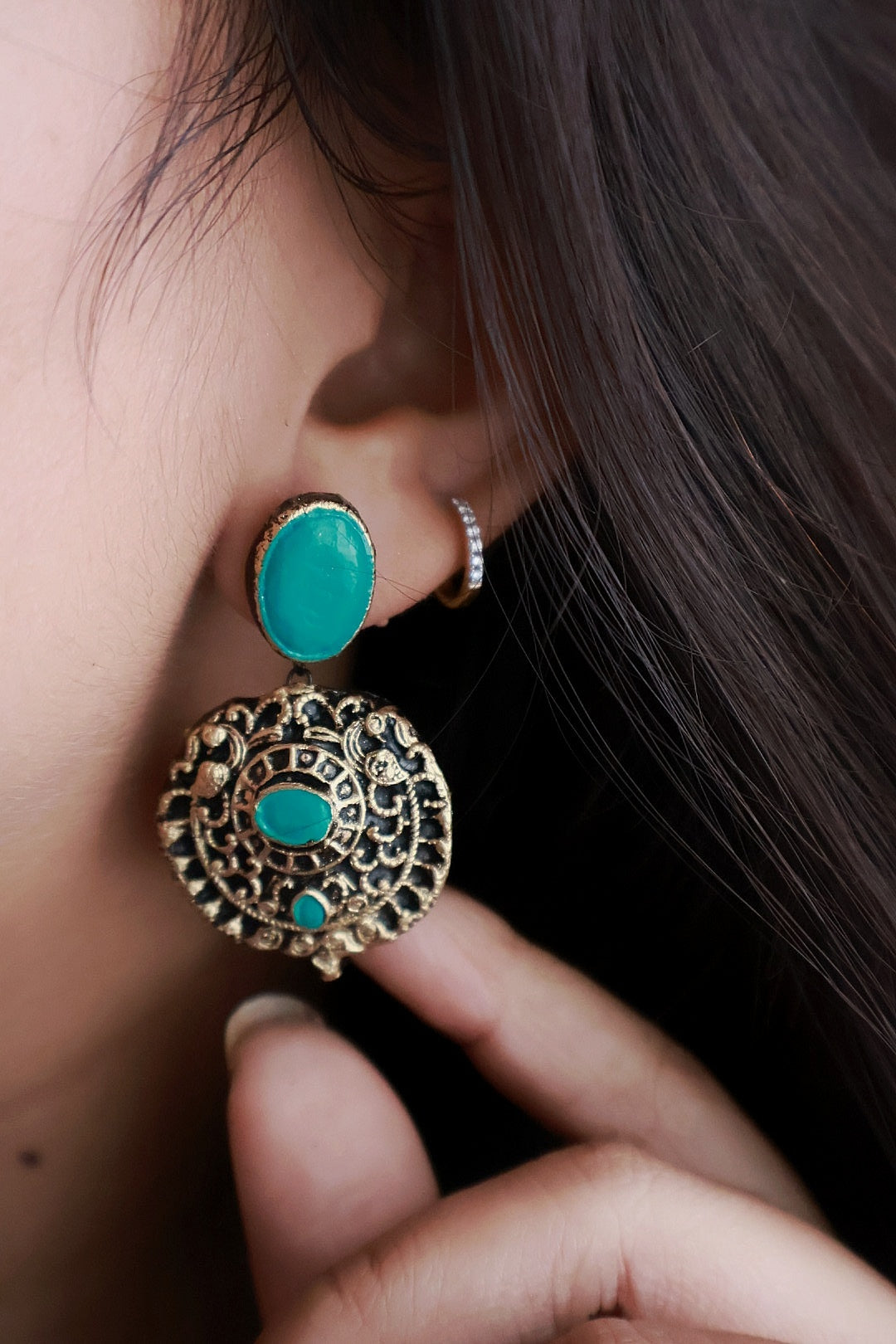 Roshni — Turquoise Stone Antique Gold Filigree Round Earrings Handmade Jewellery