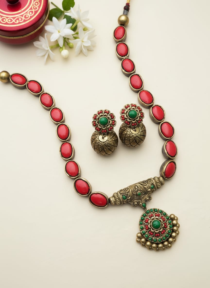 Raktapushpa Jhum — Terracotta Ruby Bloom Necklace Set With Jhumkas