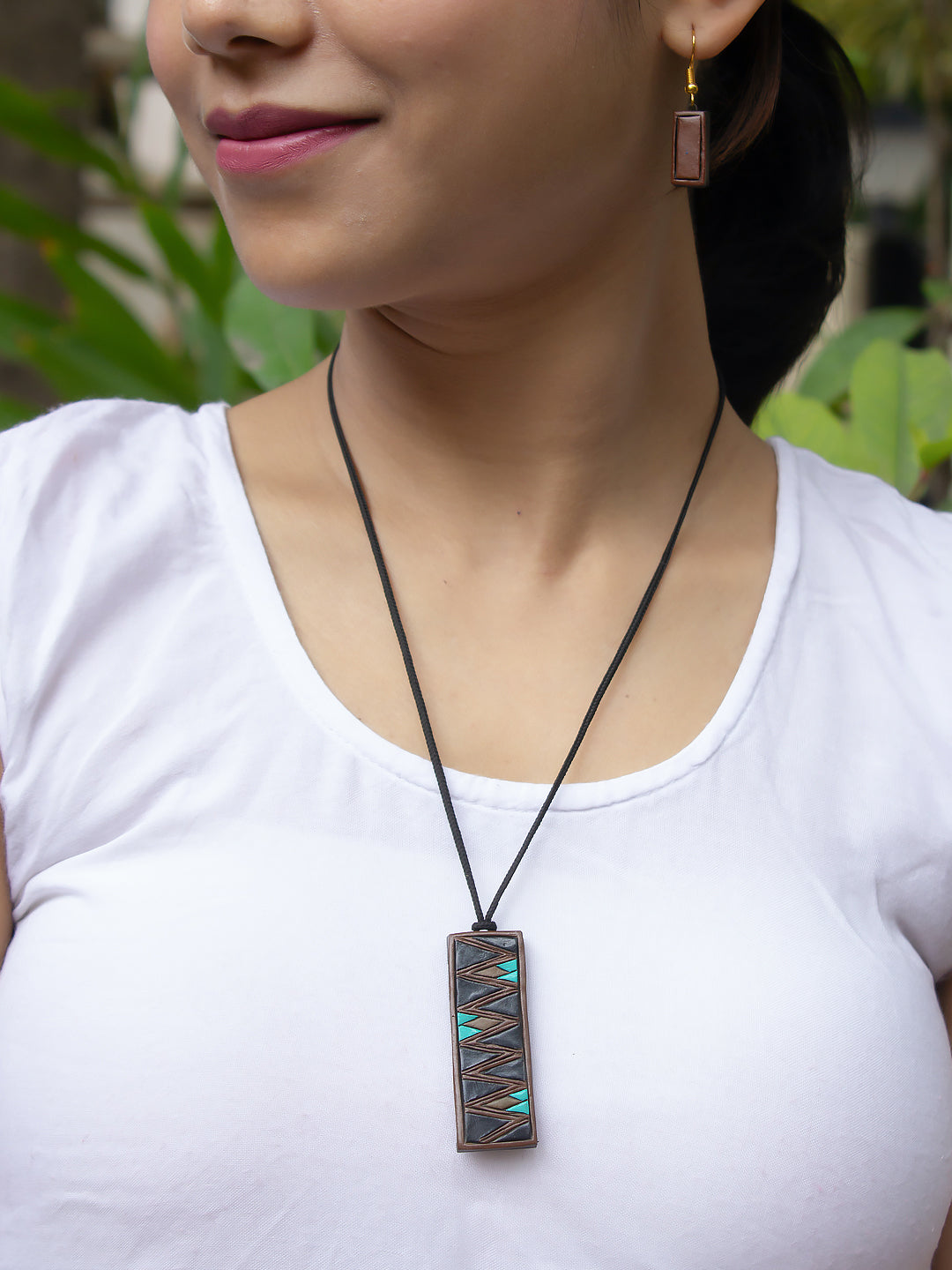 Brown and Blue Choclate Bar Inspired Handmade Terracotta Necklace Set