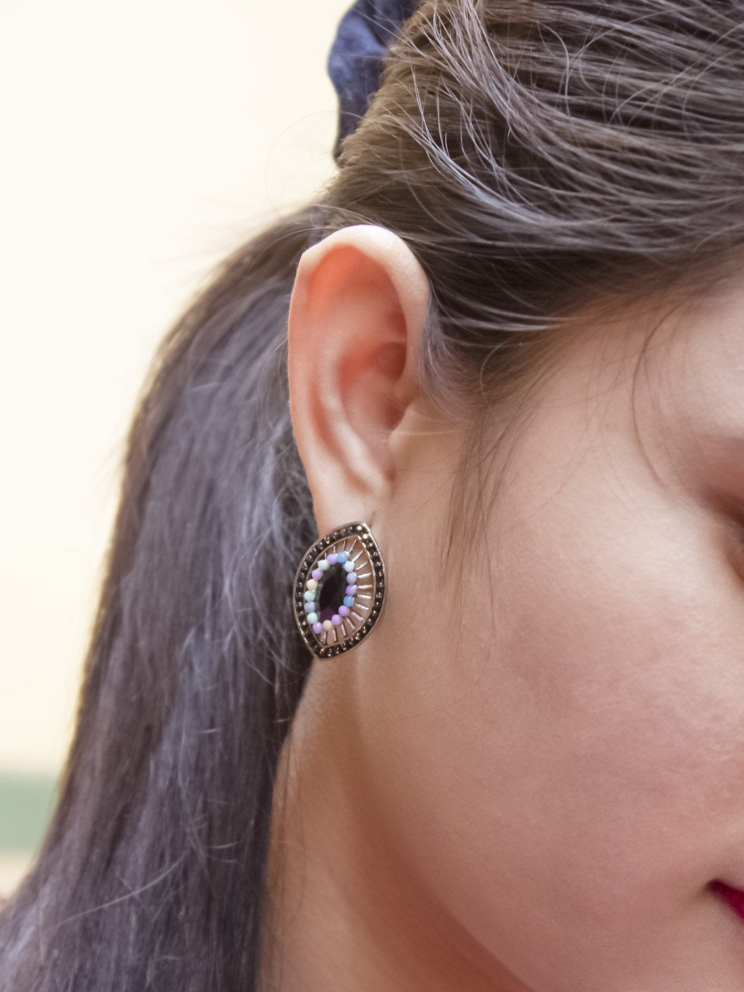 Silver Plated Oval Design Multicolor Plastic Stone Stud Earring