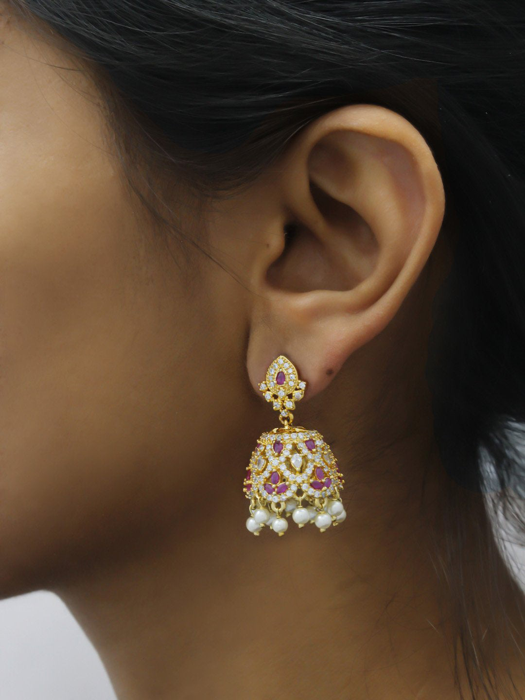 Avismaya Gold Plated Floral Design American Diamond Stone Jhumka Earring