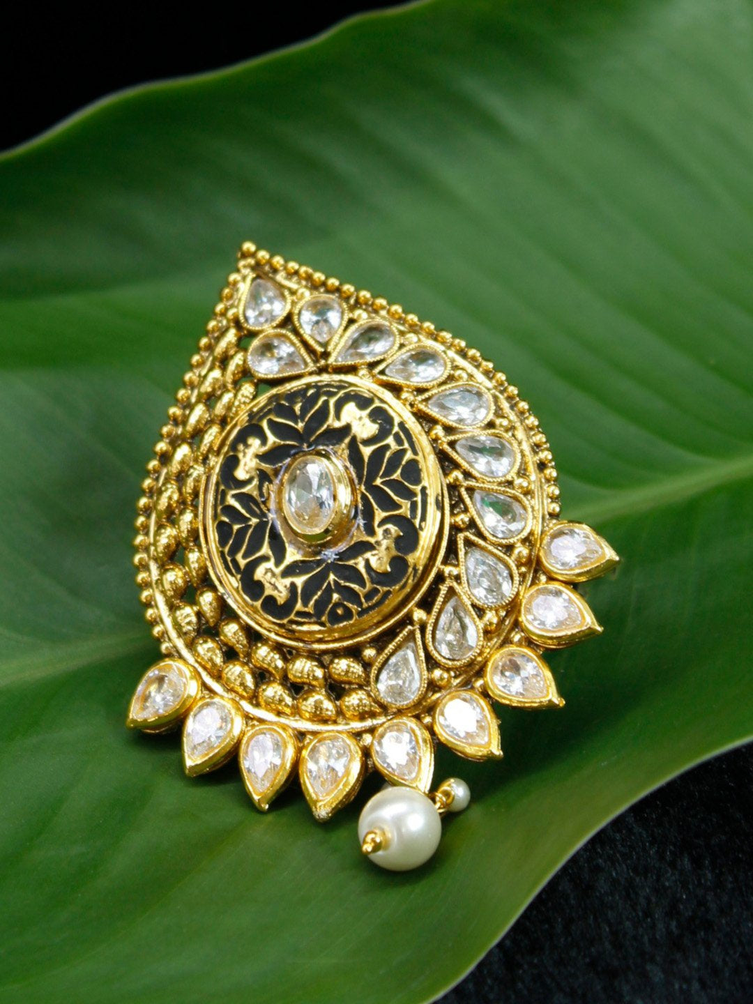 Gold Plated Tear Shape White Stone with White Pearl Dropping Saree Pin