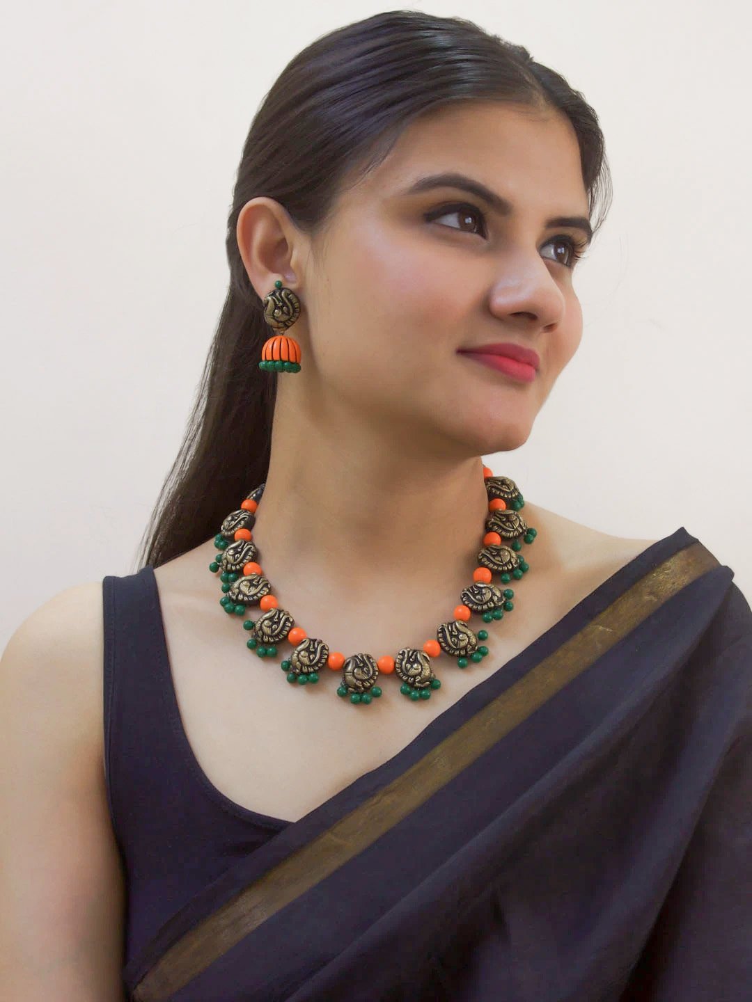 Designer Handmade Terracotta Antique Gold Color Peacock Design Choker Necklace Set