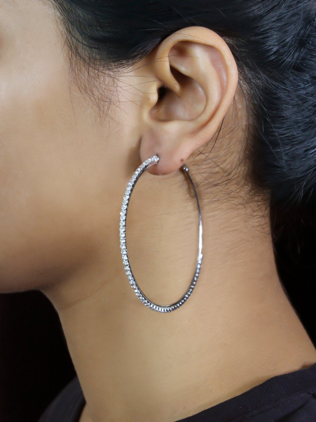 Round Design With White Stones Silver Plated Hoop Earring