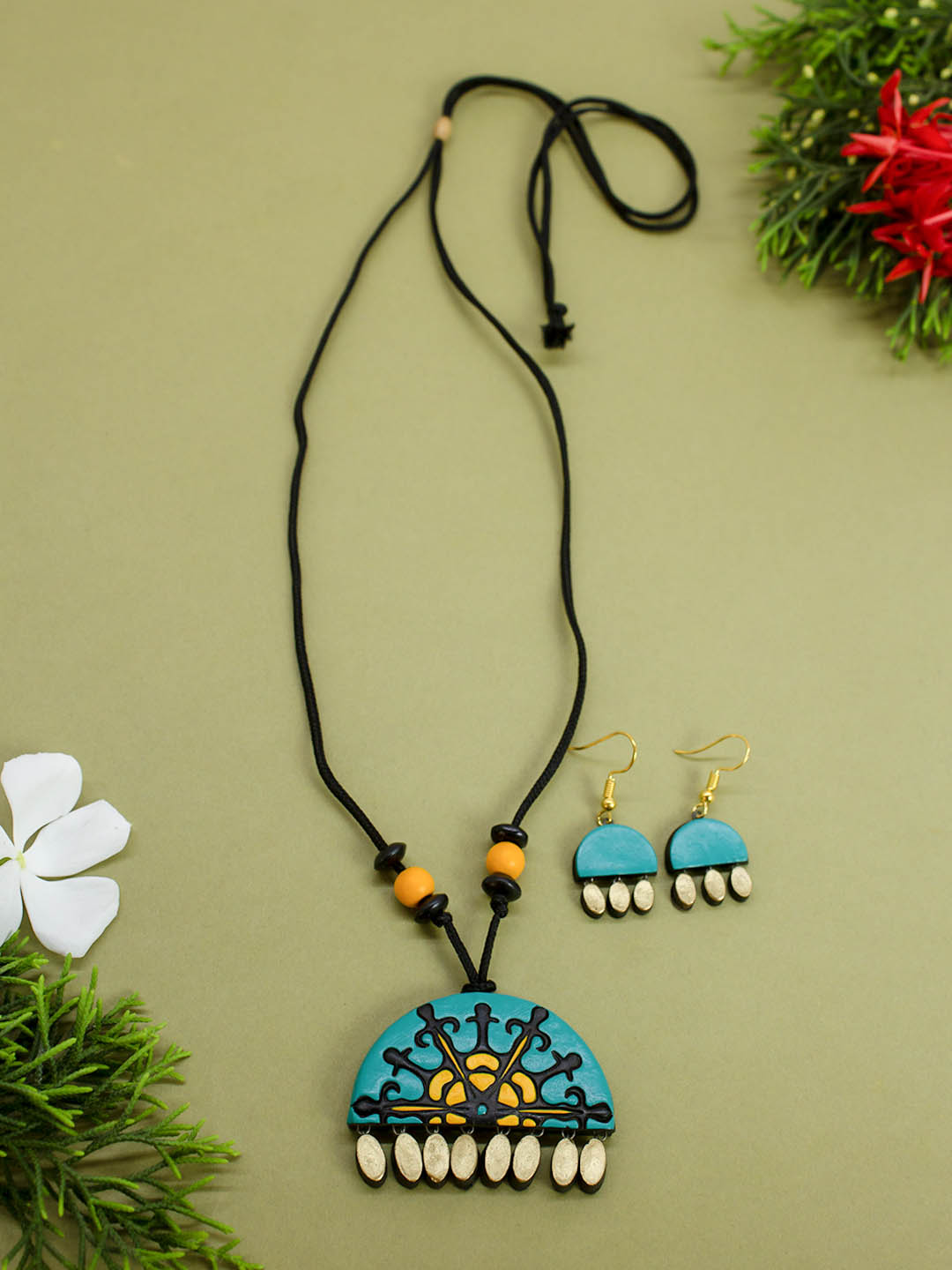 Antique gold yellow and turquise blue half circle mandala art design handmade terracotta necklace set