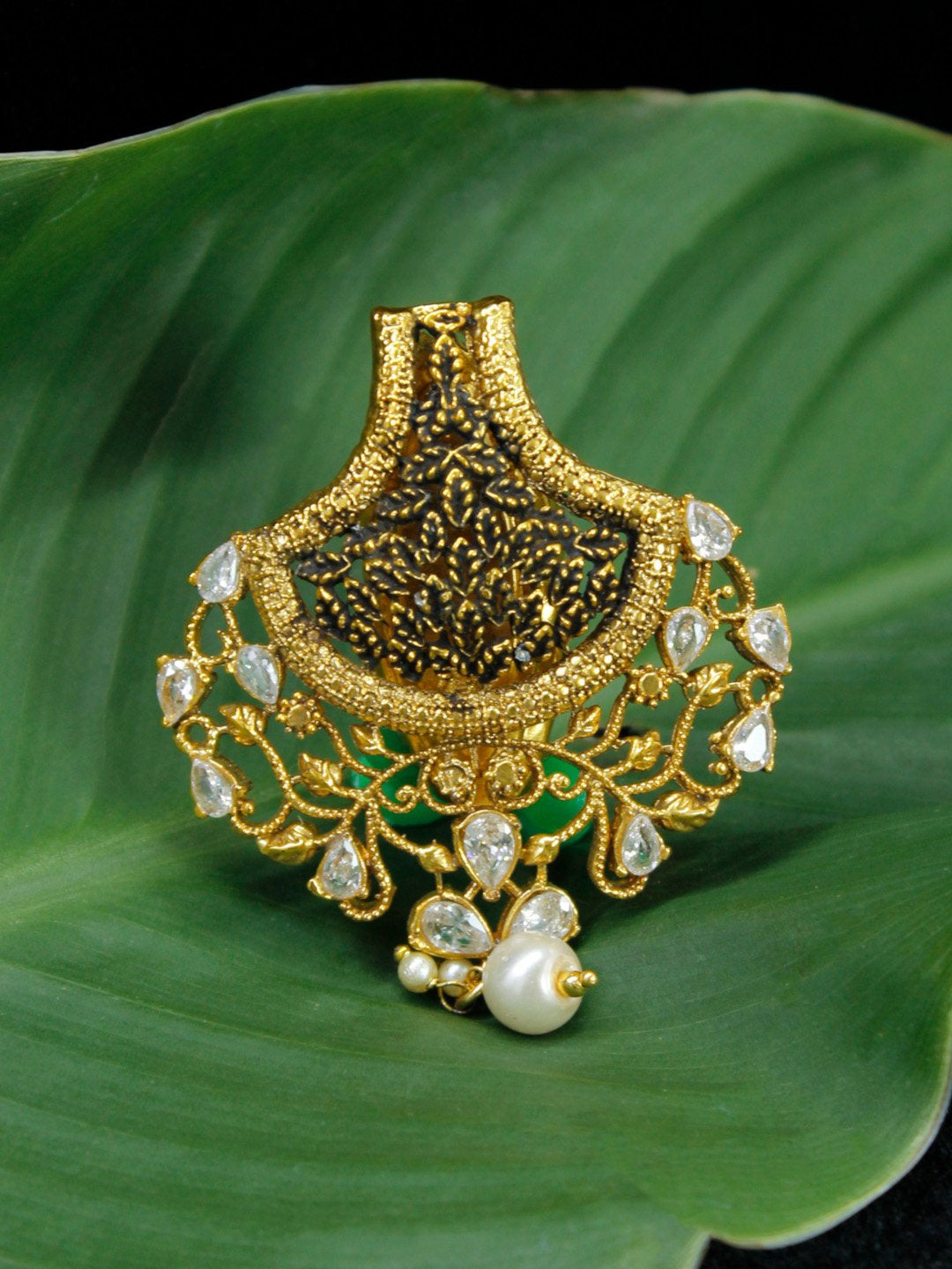 Gold Plated Tear Shape White Stone with White Pearl Dropping Saree Pin