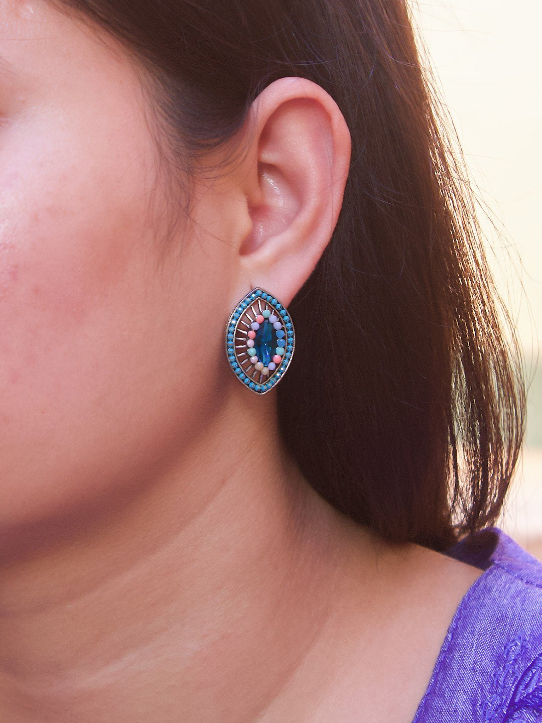 Silver Plated Oval Design Multicolor Plastic Stone Stud Earring