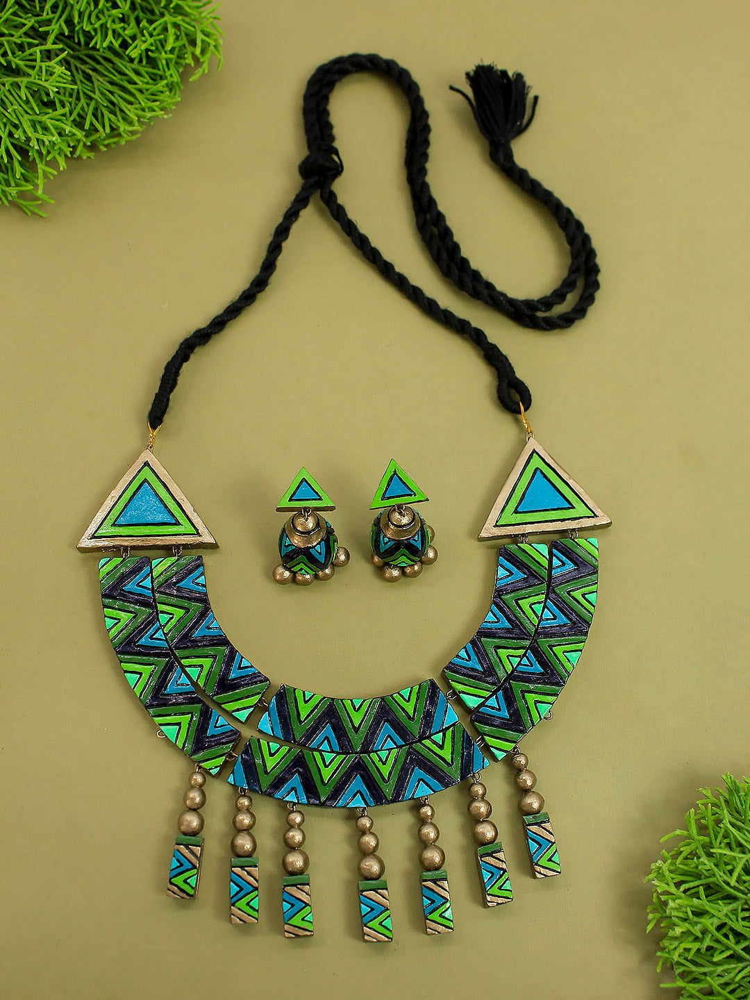 Half Moon Triangular Geometric Design Blue Green Contemporary Handmade Terracotta Necklace Set