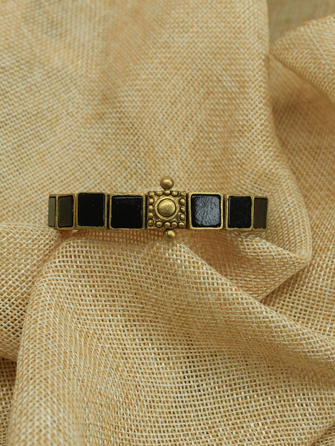 Black and Antique Gold Square Design Handmade Terracotta Bangle