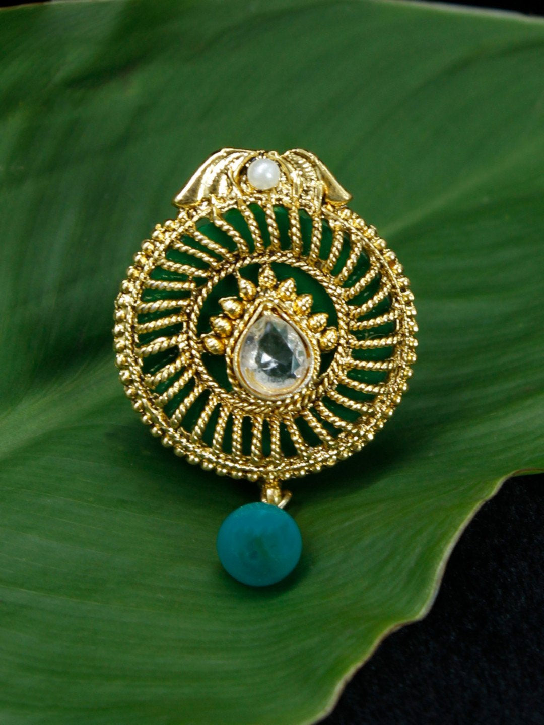 Gold Plated Round Shape White Stone with Green Pearl Dropping Saree Pin