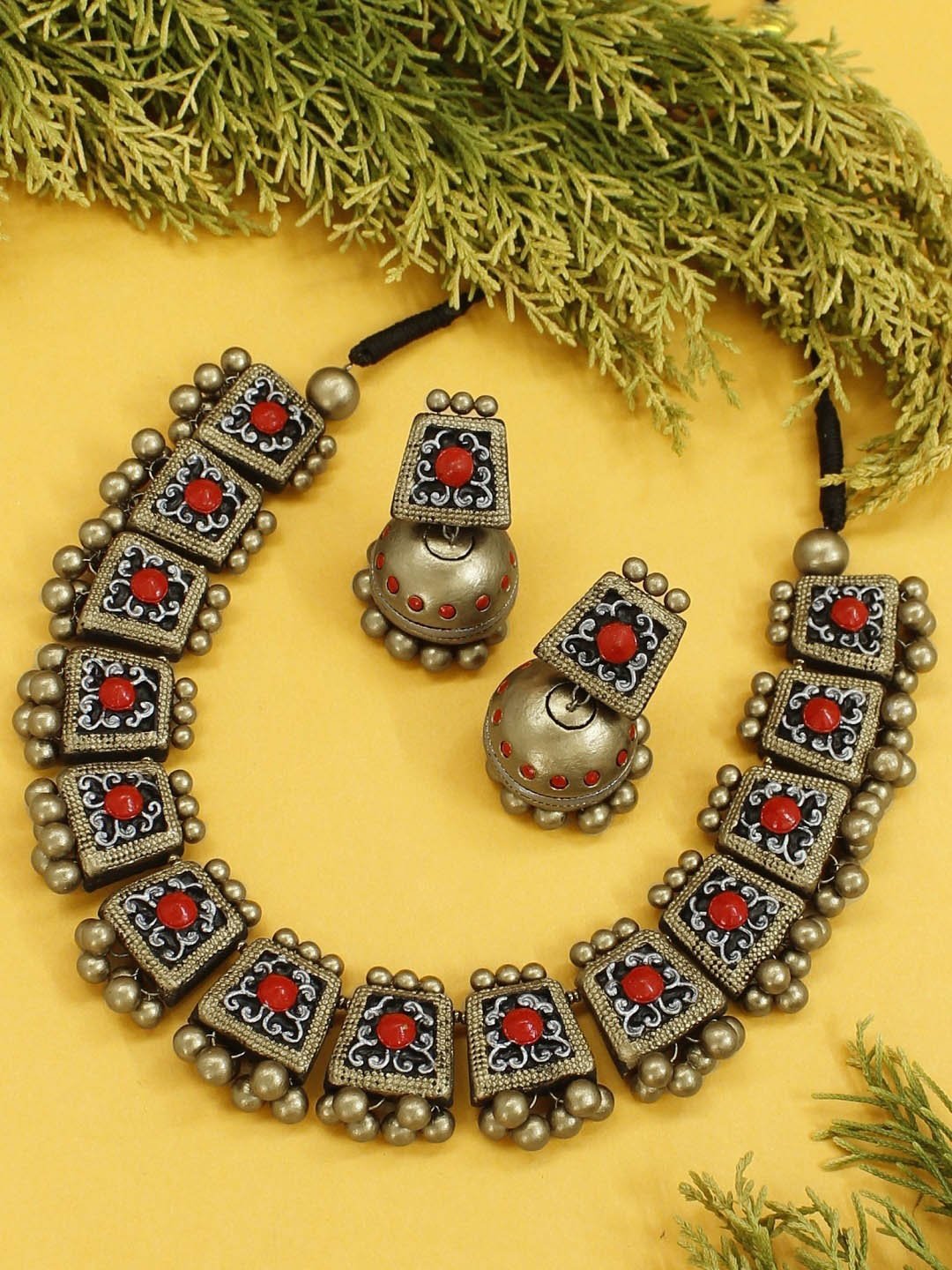 Rekhita — Designer Handmade Antique Gold Geometric Design Choker Handmade Terracotta Necklace Set - Kantara