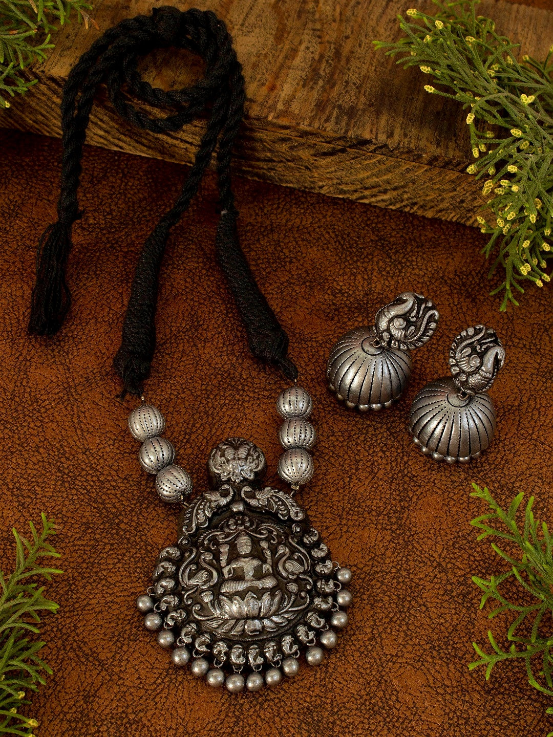 Rajatanmayi — Designer Handmade Antique Silver Color Peacock Design Jhumka Earring With Lakshmi Design Pendant Choker Handmade Terracotta Necklace Set