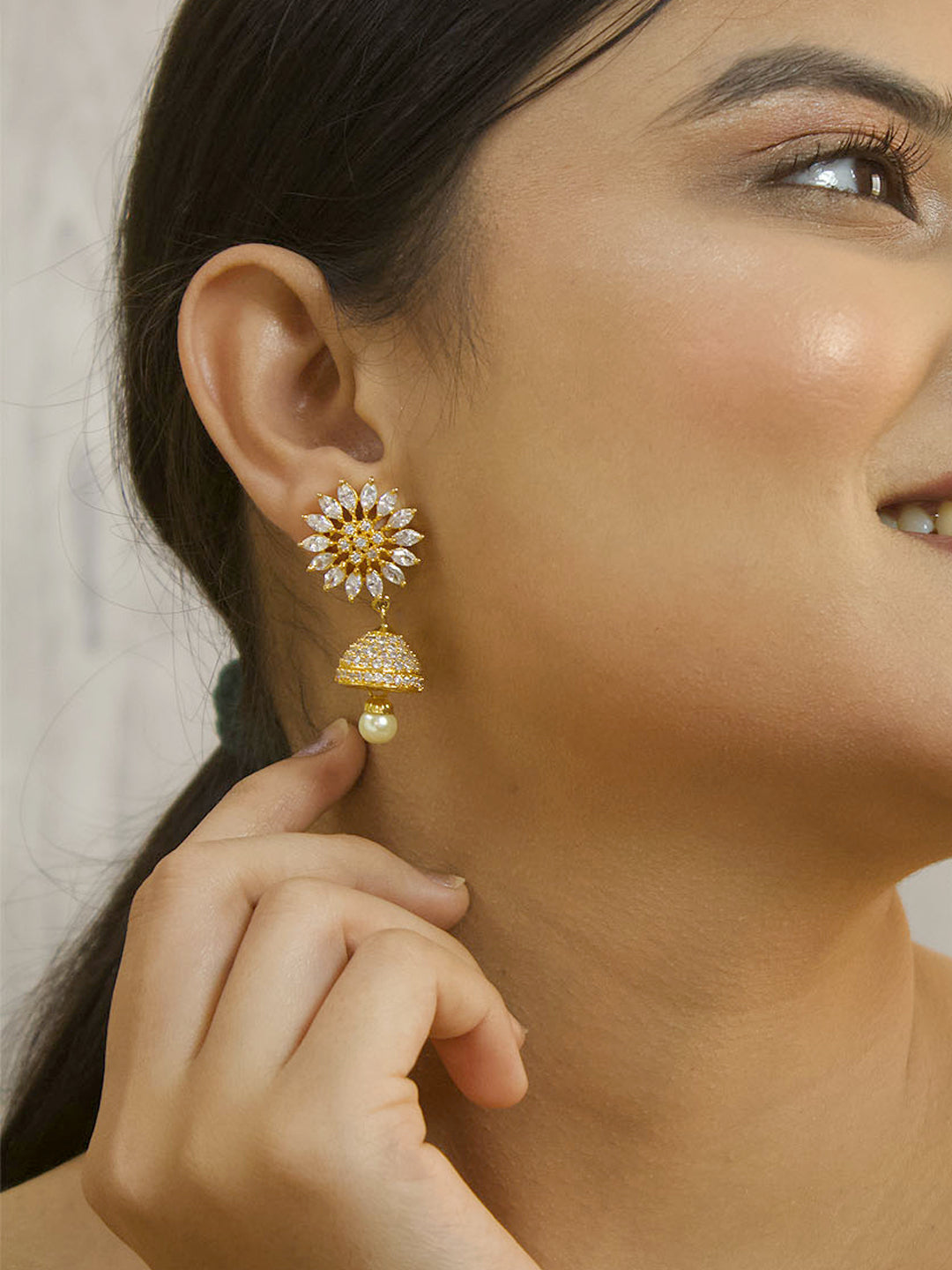 Ruby White Color American Diamond Stones with Pearl dropping Stud Jhumka