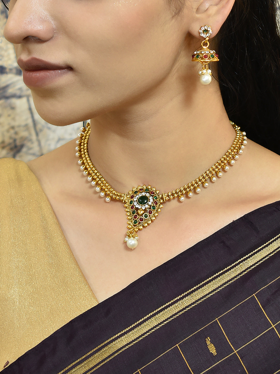 Avismaya Antique Gold Plated 2 Line Necklace With Mango Shape Design Pendant Necklace Set