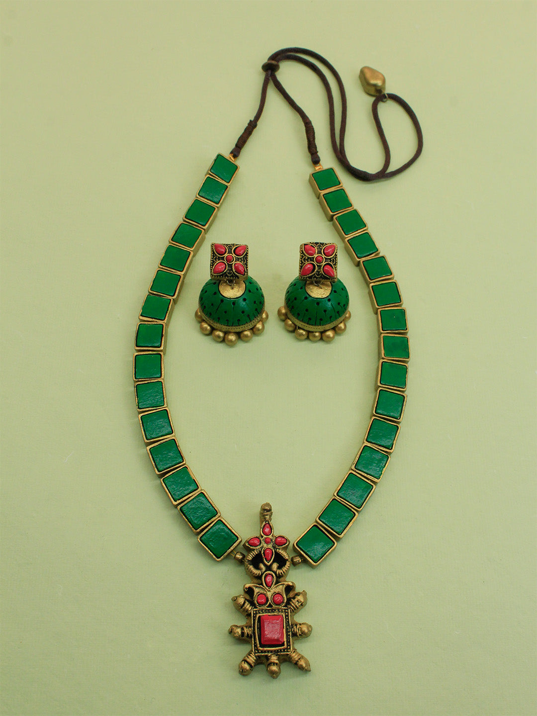 Green Antique Gold  Pink Square Geometric Design Handmade Terracotta Necklace Set