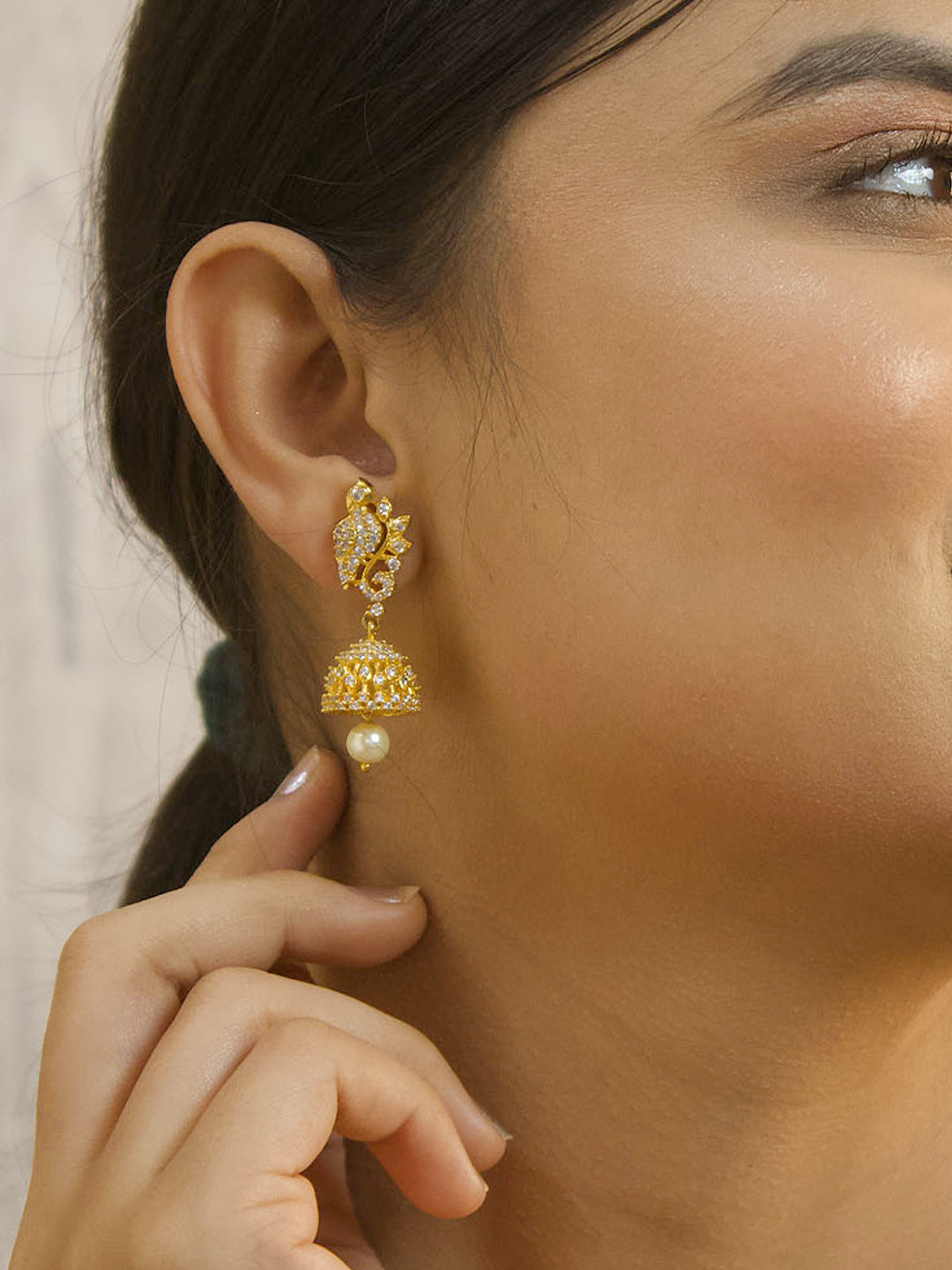 Peacock Design Ruby White Color American Diamond Stones with Pearl dropping Stud Jhumka