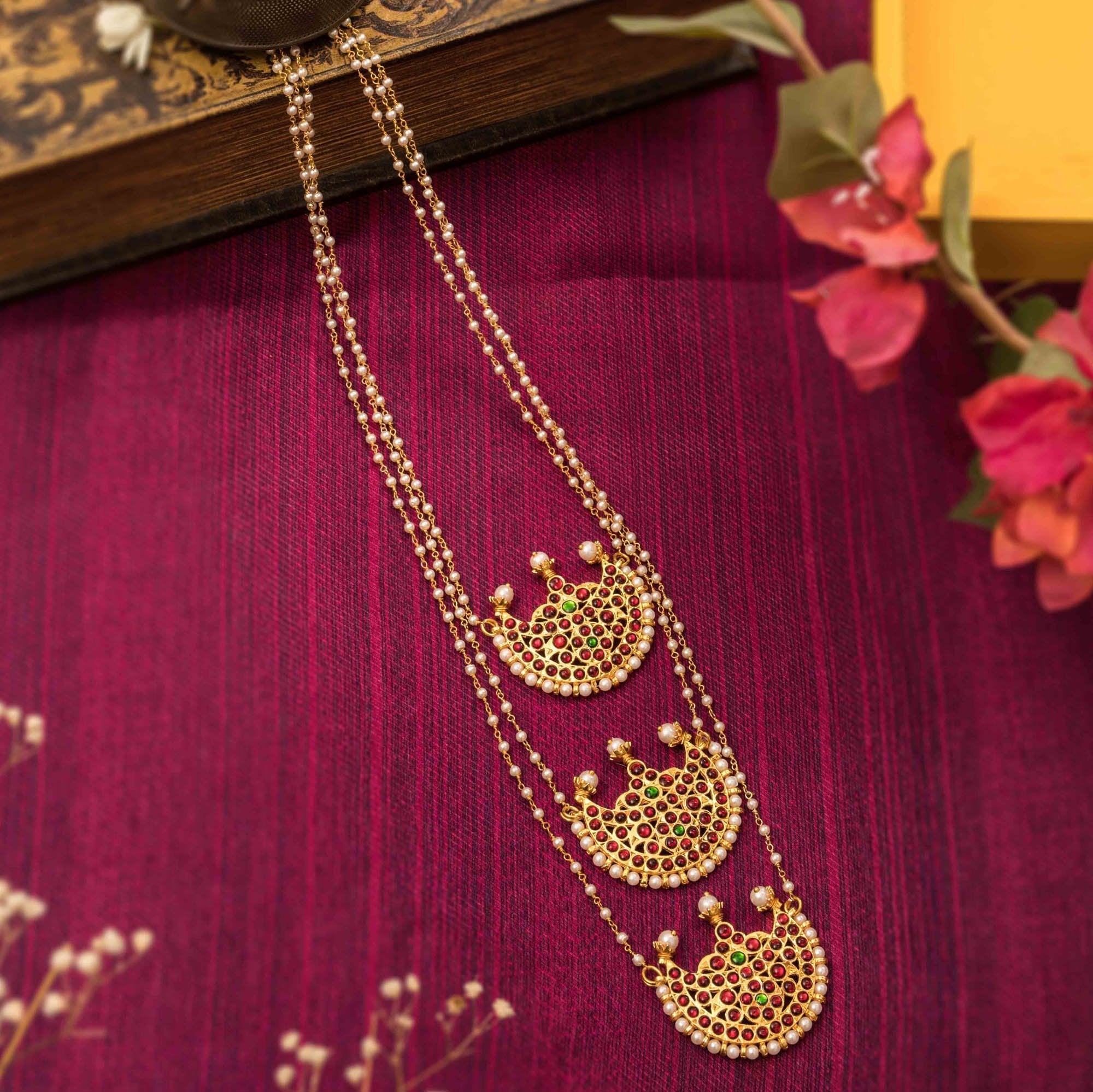 Super Celebrity Statement - Designer Jewelry Long Necklace 3 Layered Motif Designs in Kemp Stones