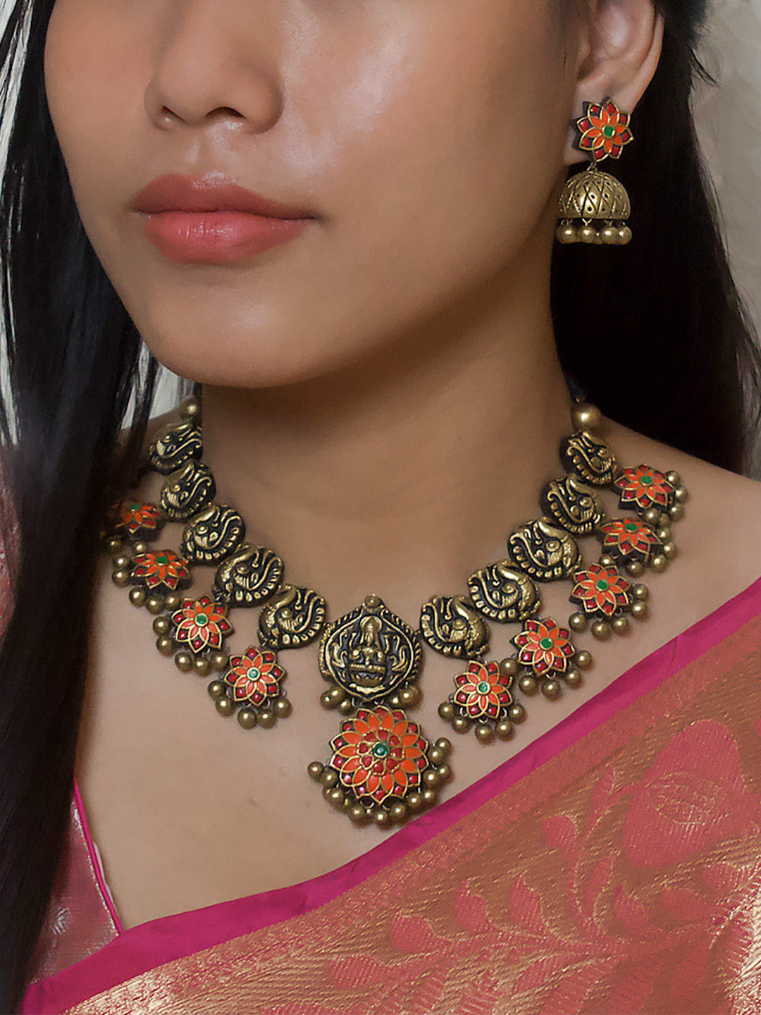 Antique Gold Red Orange Green Mandala Art Floral Work Lakshmi Peacock Design Contemporary Temple Handmade Terracotta Necklace Set