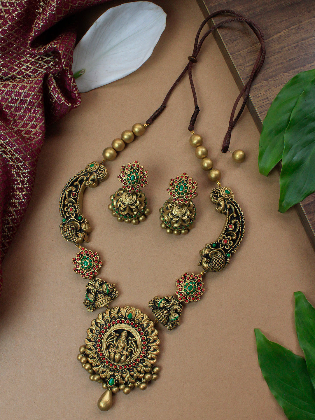 Sragdhara — Rajwadi Style Antique Gold Red Green Lakshmi Peacock Design Temple Haram Handmade Terracotta Necklace Set