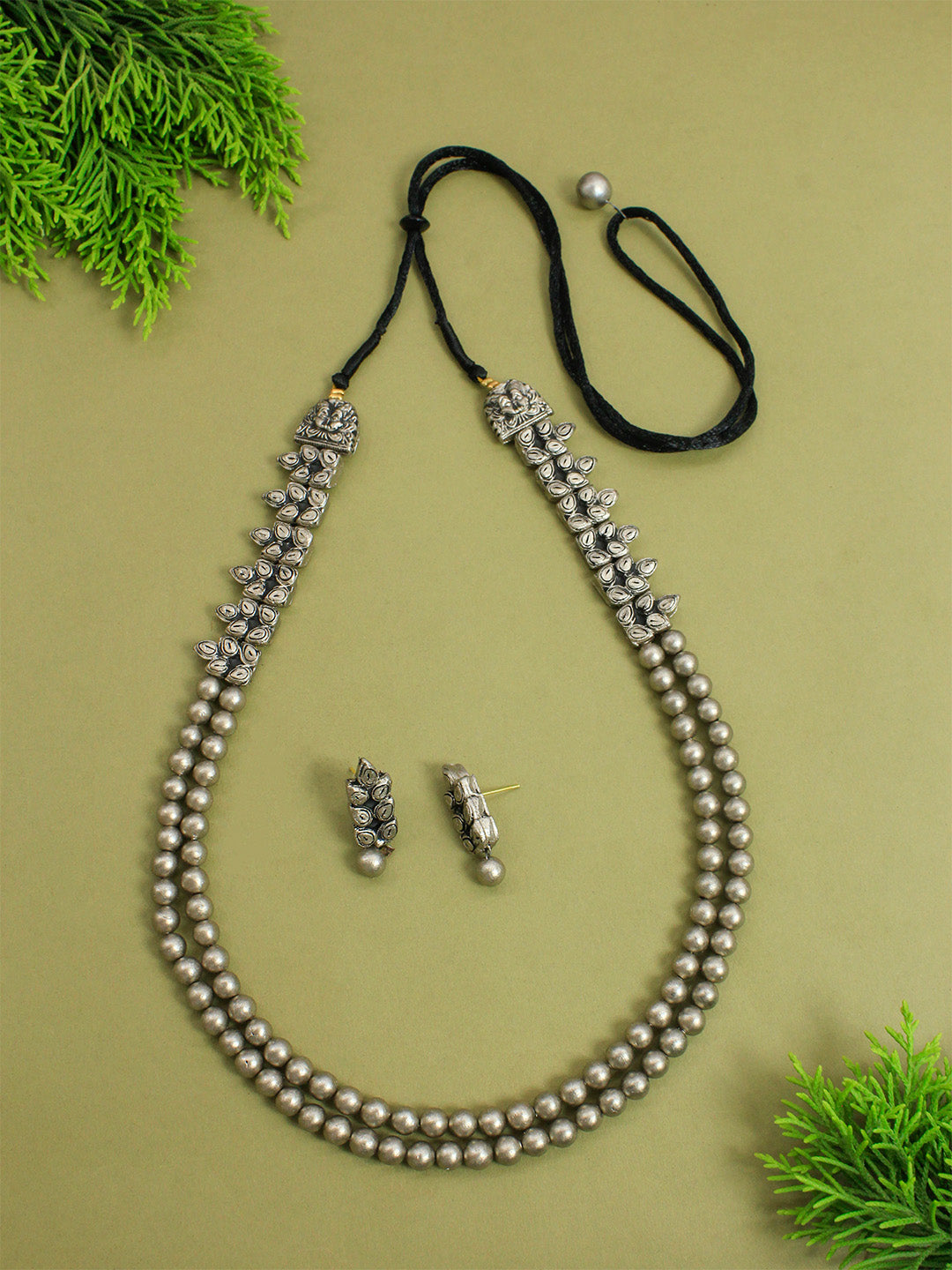 Pranaya — Two Layered Antique Silver Beads Leaf Design Rani Haari Handmade Terracotta Necklace Set - Kantara