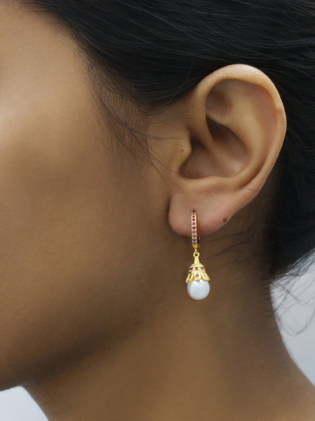 Avismaya Gold Plated Geometric Design American Diamond Stone With Pearl Drop Earring