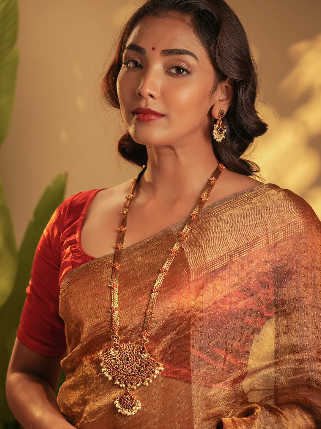 Zarini — Gold Tone Temple Necklace Set- Brown Zari haaram