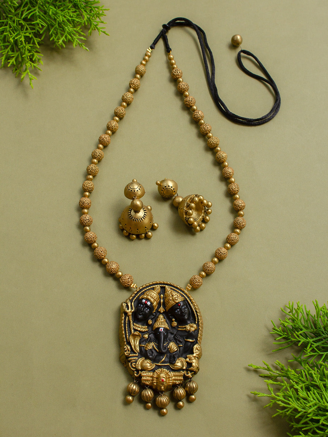 Mahashakti Vinayaka — Antique Gold Toned Ganesha And Durga Design Pendant Terracotta Medium Necklace Set