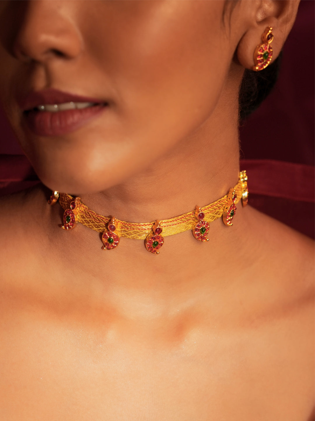 Zarindra — Gold Tone Yellow Zari Temple Choker Necklace Set