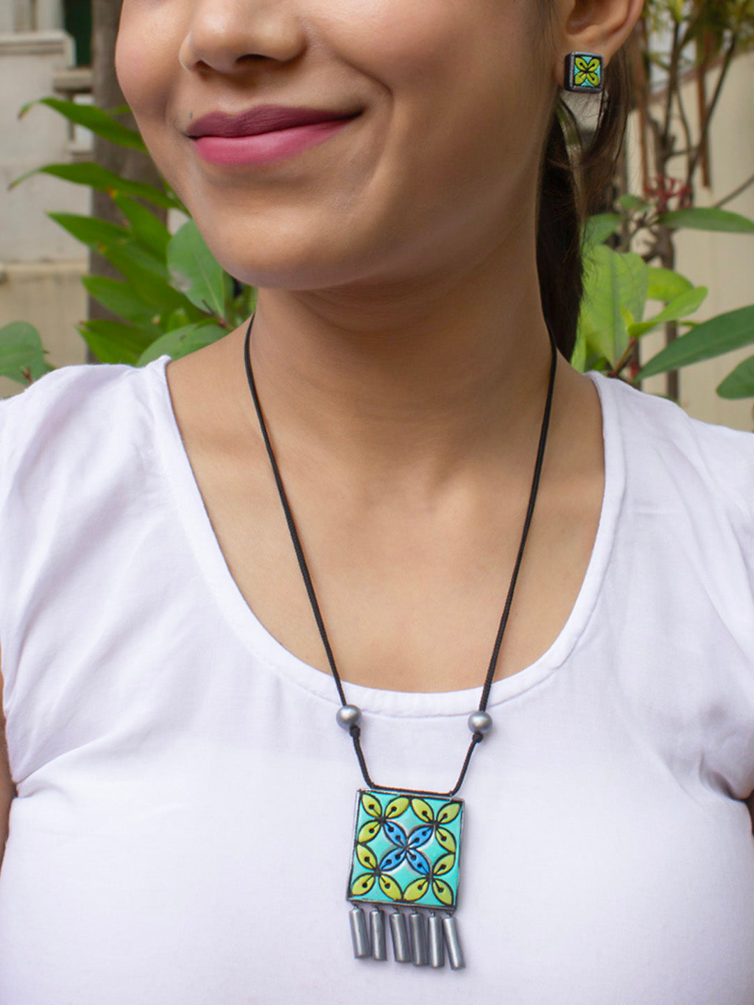 Turquoise Yellow Blue Grey Square Shape Floral Design Pattern Handmade Terracotta Necklace Set