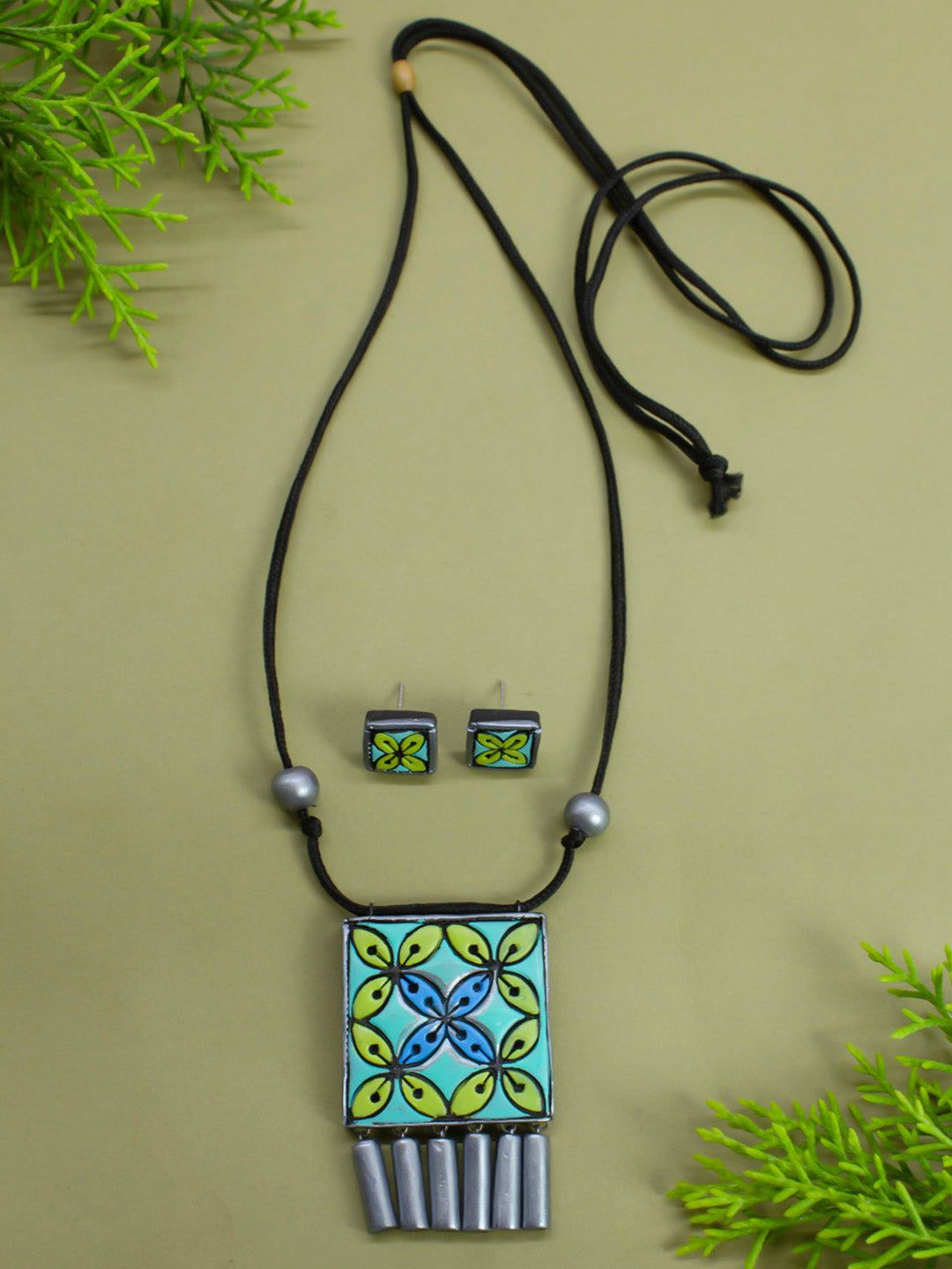Turquoise Yellow Blue Grey Square Shape Floral Design Pattern Handmade Terracotta Necklace Set