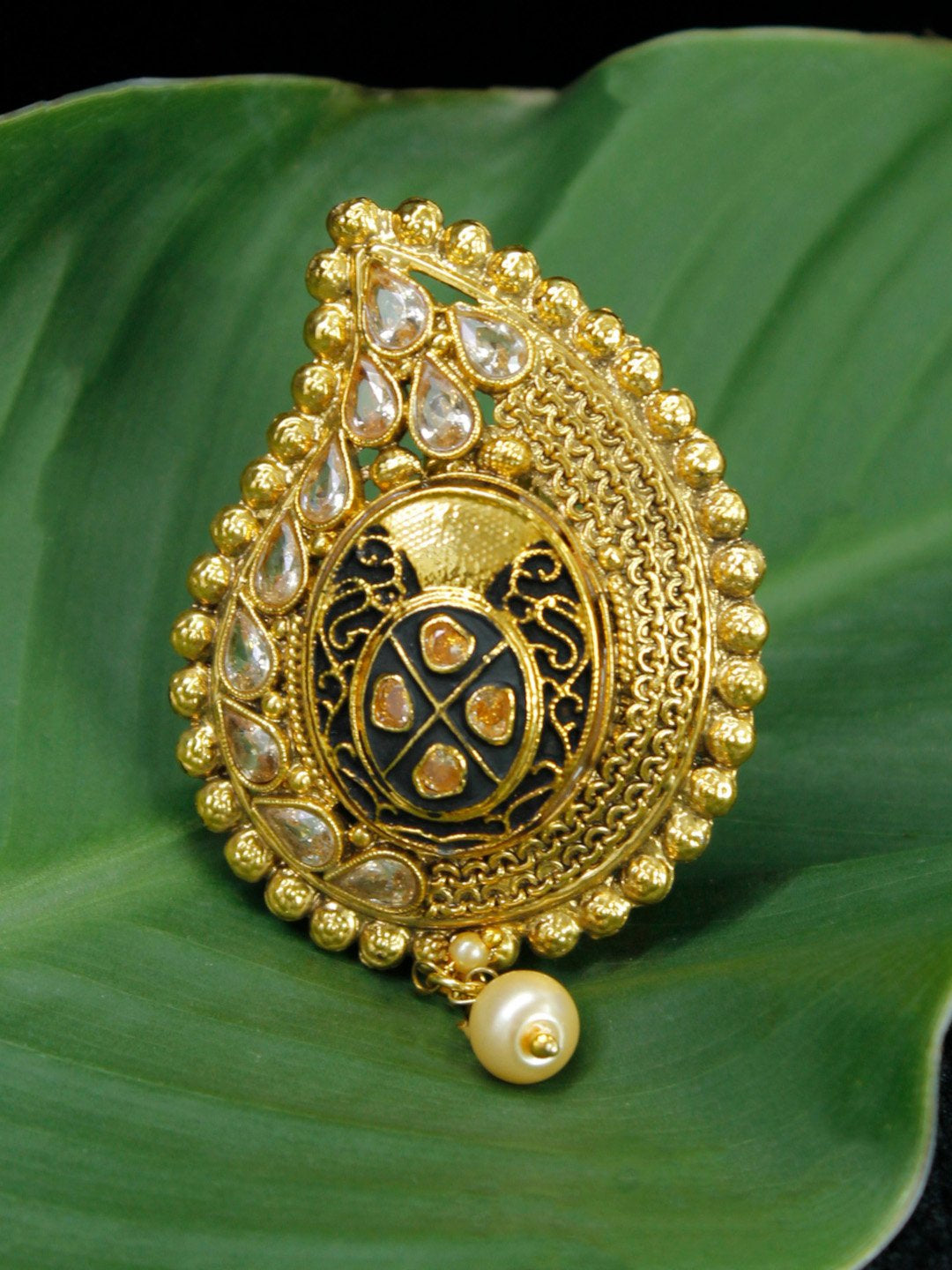 Gold Plated Leaf Shape White Stone with White Pearl Dropping Saree Pin