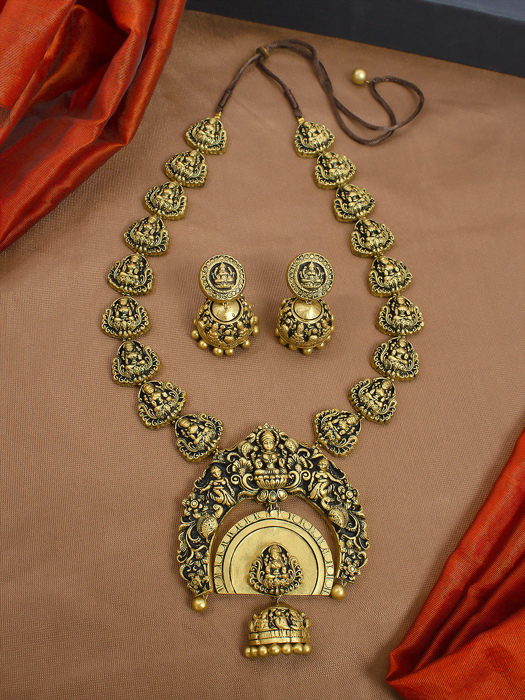 Antique Gold Lakshmi Design  Jhumka Pendant Style Long Haram Handmade Terracotta Necklace Set