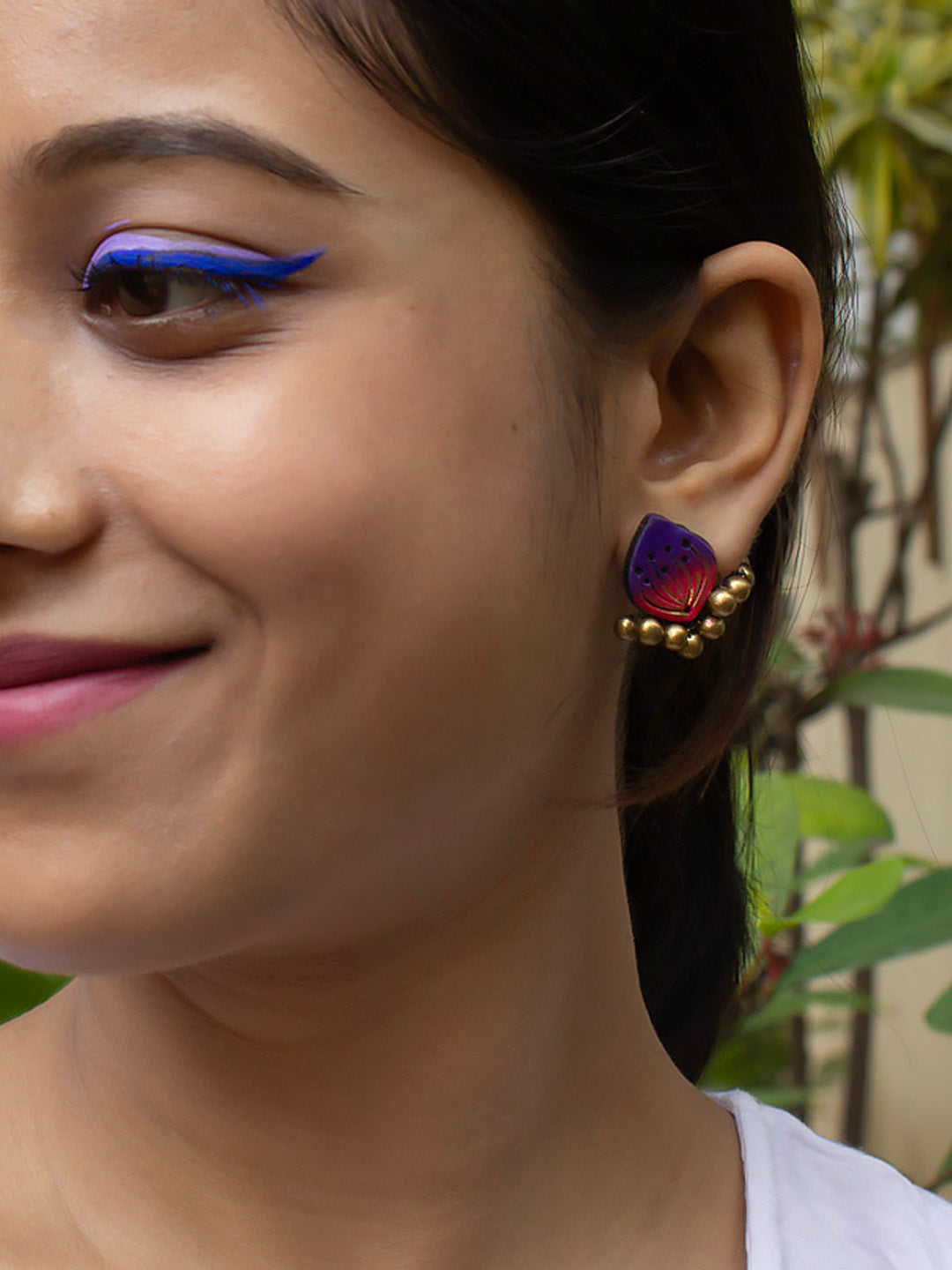 Leaf Design Purple Pink Handmade Terracotta Stud Earrings TEST