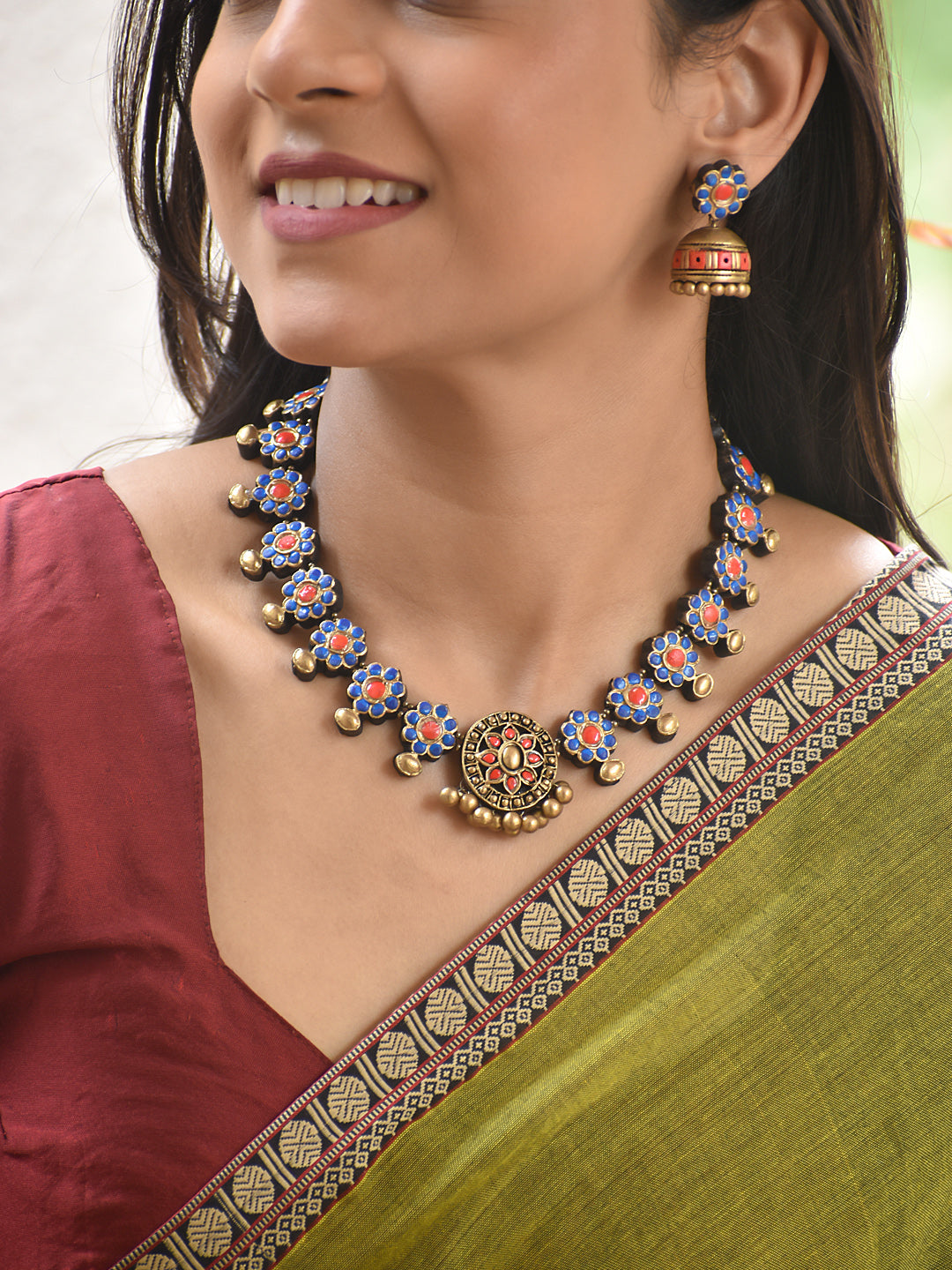 Terracotta Blue Floral Motif Necklace with Center Pendant