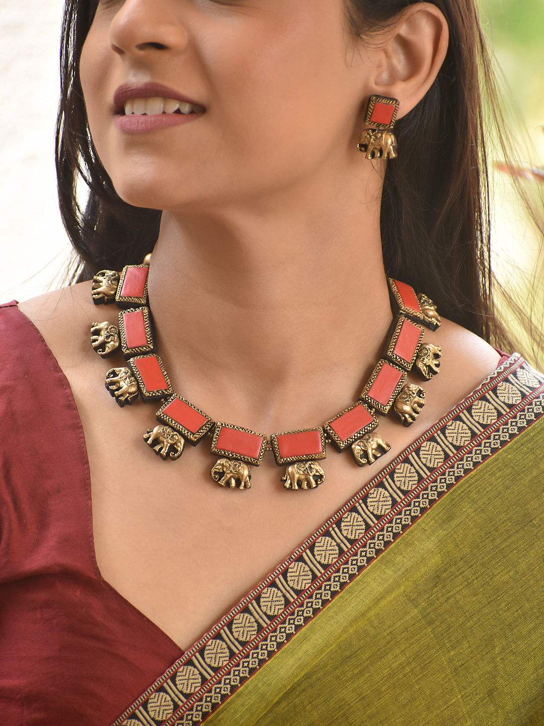 Terracotta Elephant Motif Coral Necklace Set