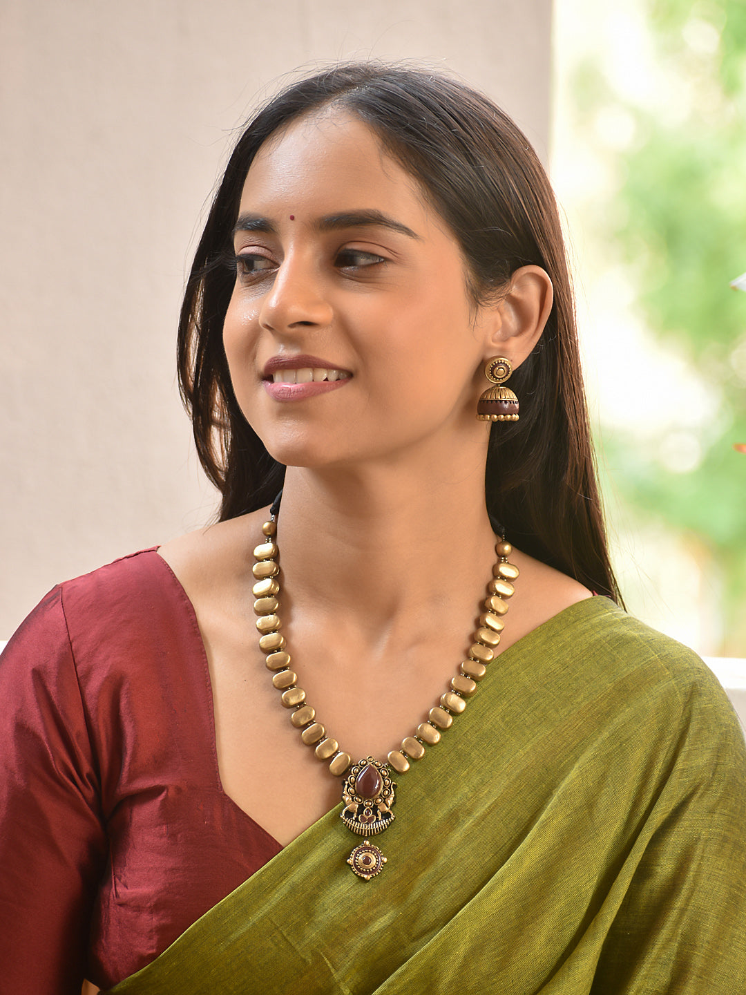 Terracotta Gold Bead Pendant Necklace Set