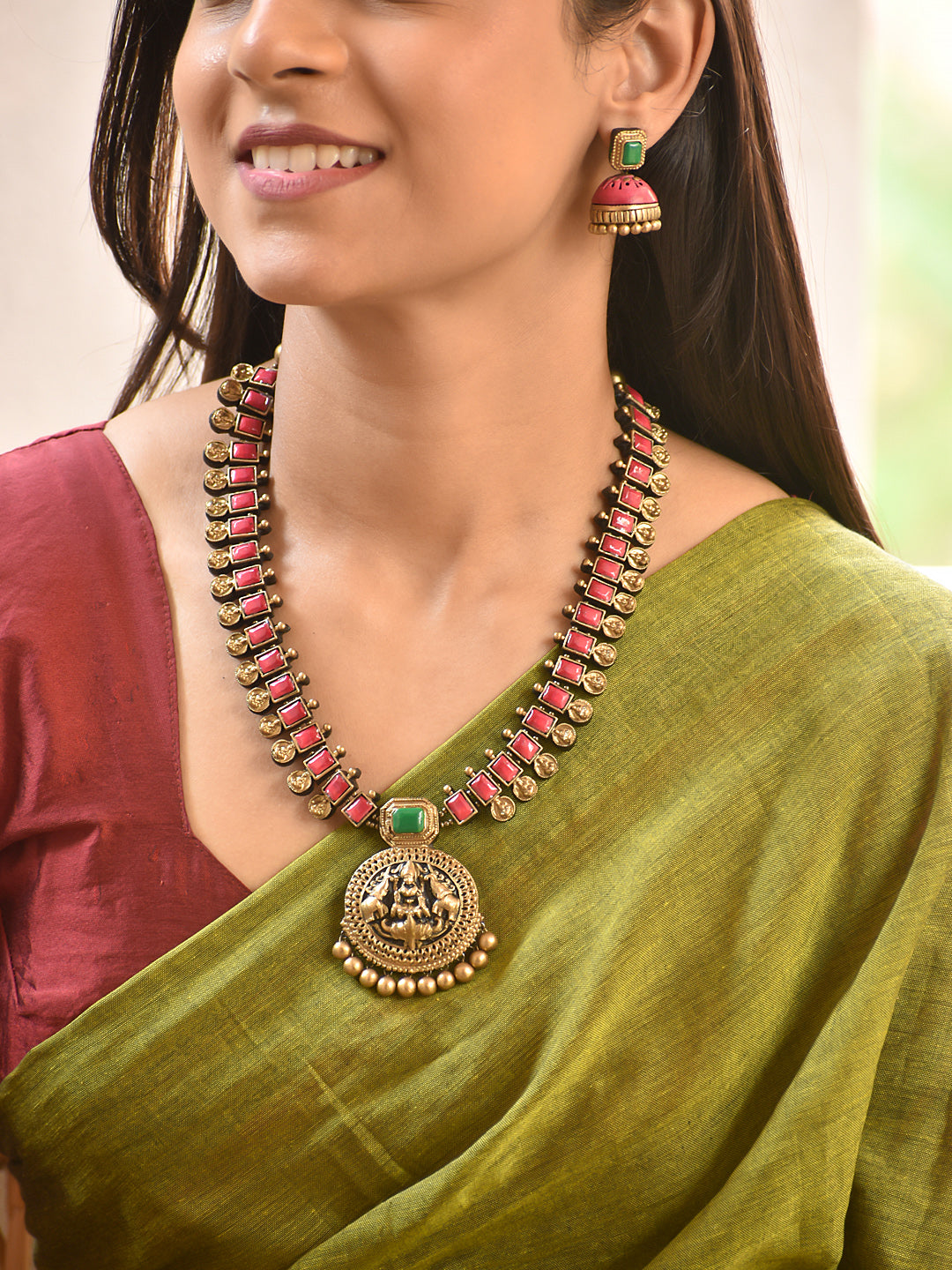 Terracotta Square Stone Necklace with Temple Pendant